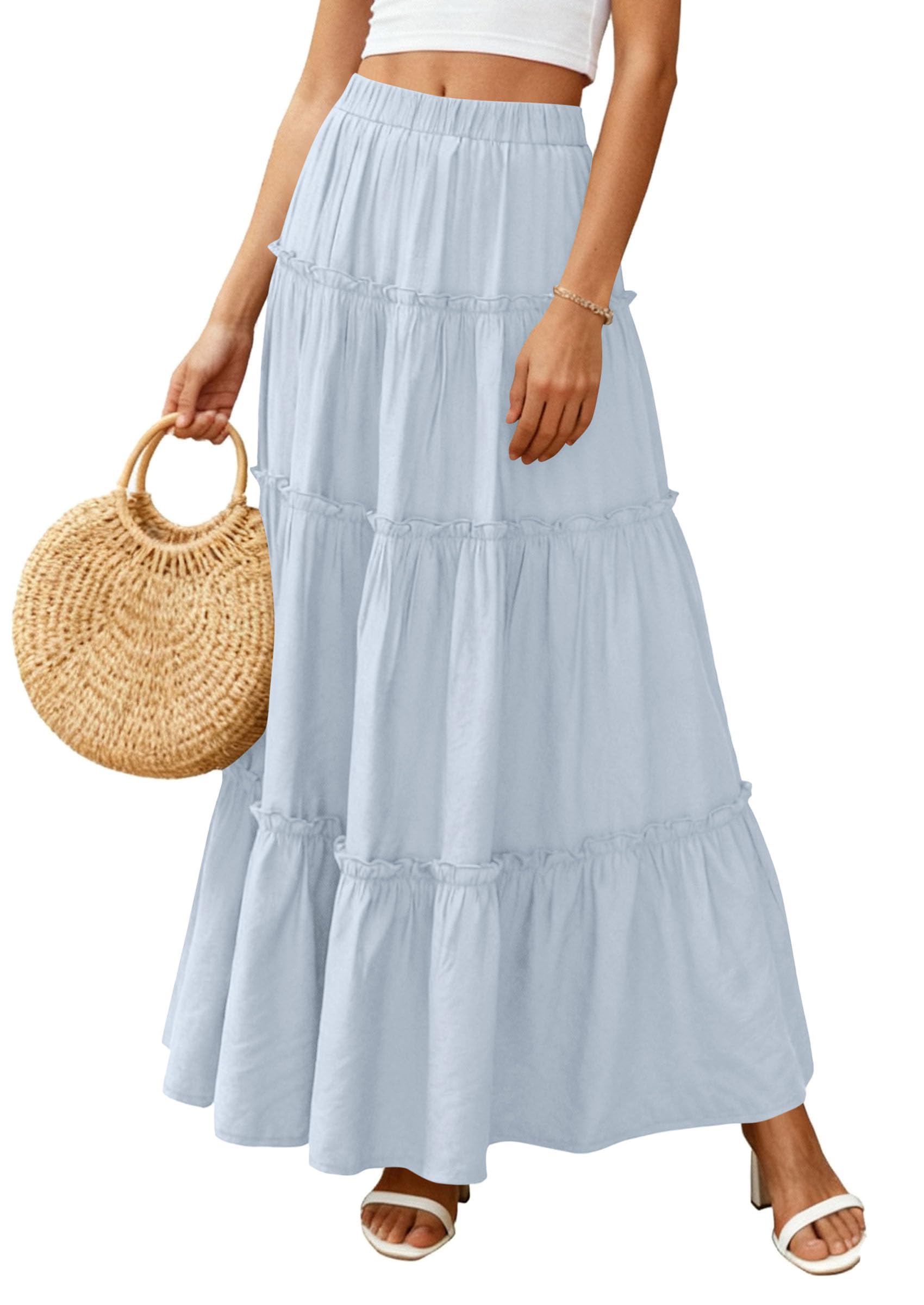 Women's Boho Tiered Ruffle Flowy Maxi Skirt, Light Blue,S