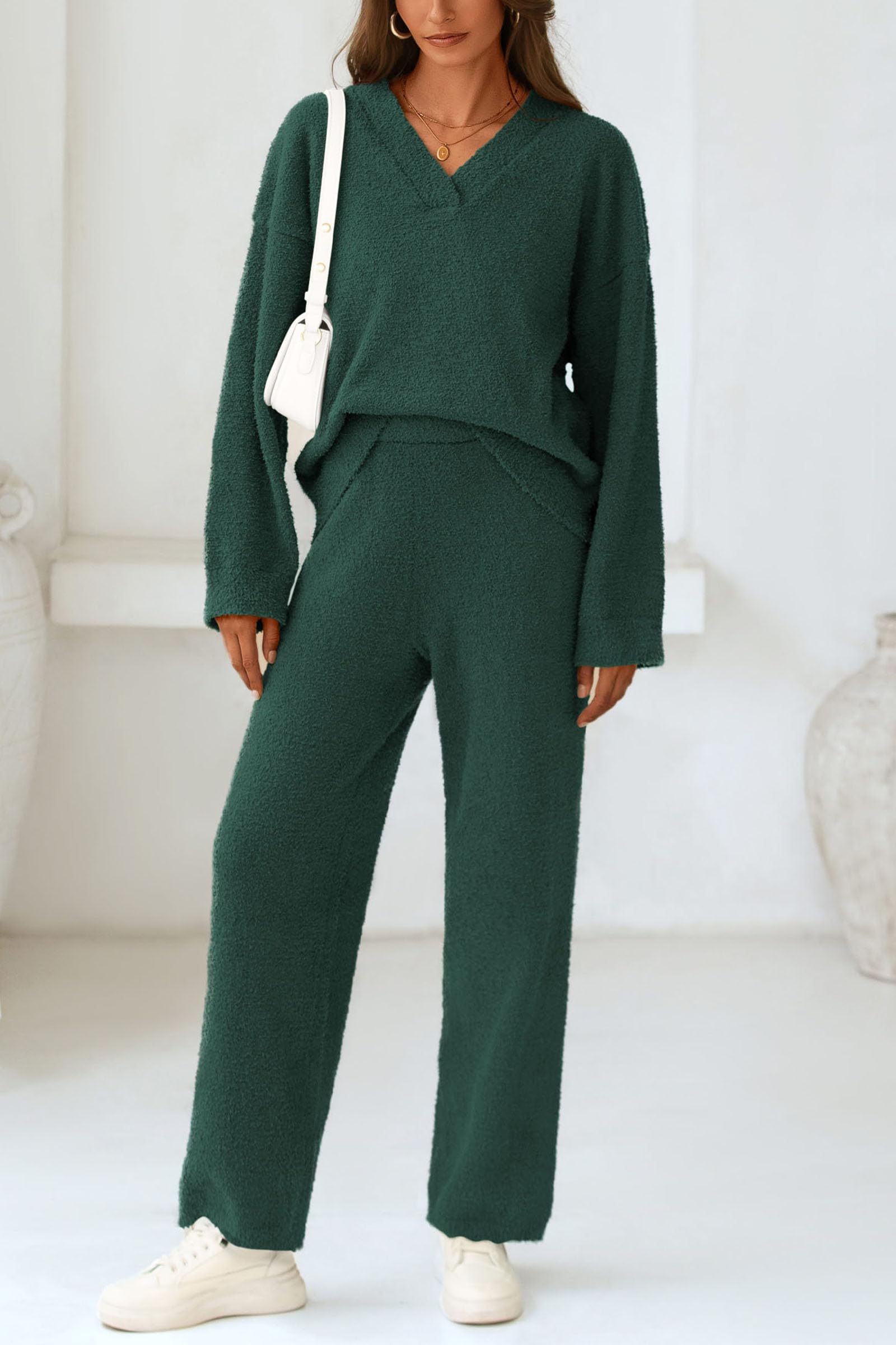 Lounge Sets for Women Fall 2 Piece Fuzzy Sweater Pajama Set