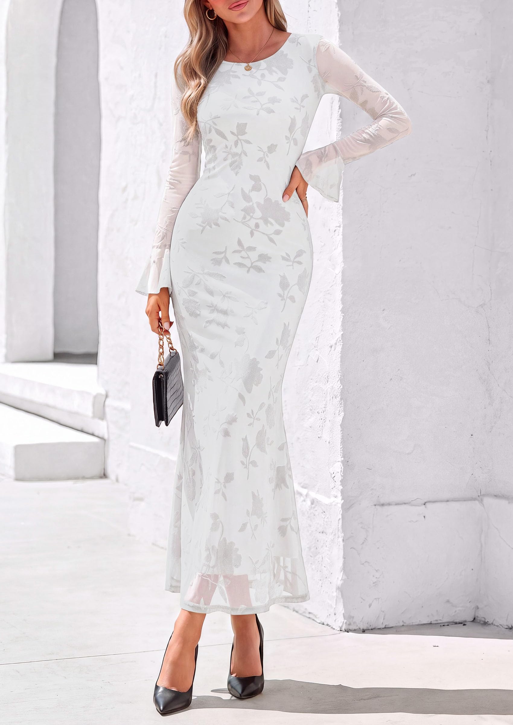 Women's Long Sleeve Maxi Floral Mesh Fall Wedding Guest Dress
