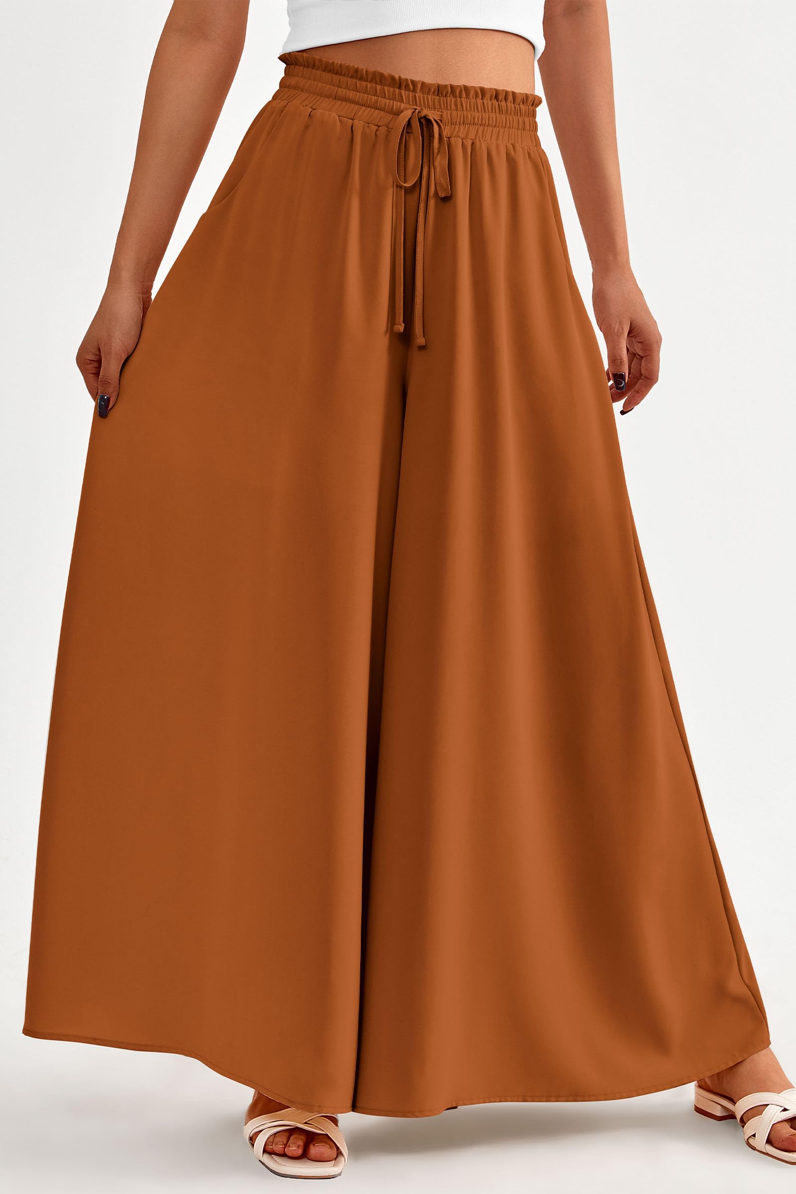 Summer Wide Leg Palazzo Pants for Women Casual,Brown,S