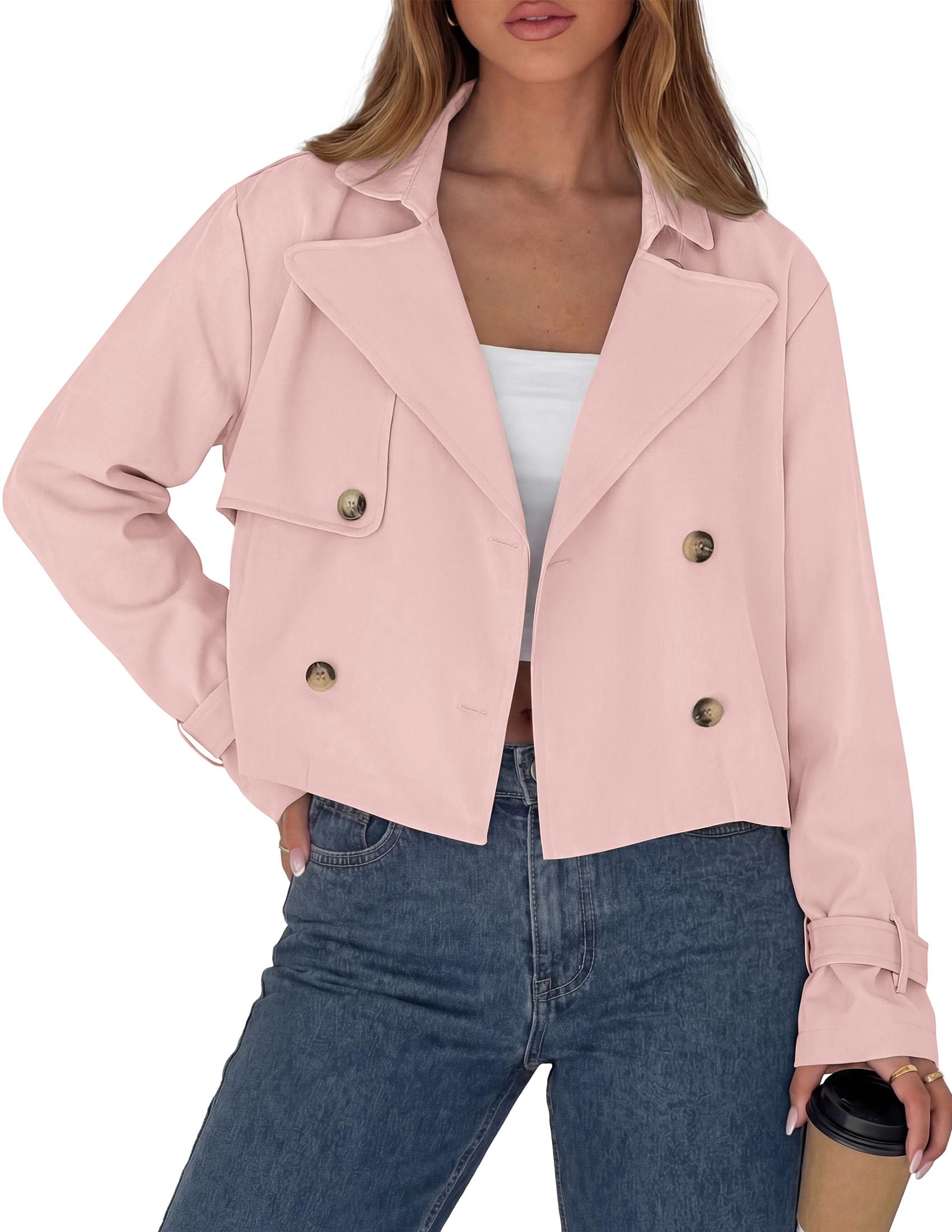 Cropped Trench Coat For Women Short Jacket,Pink,S