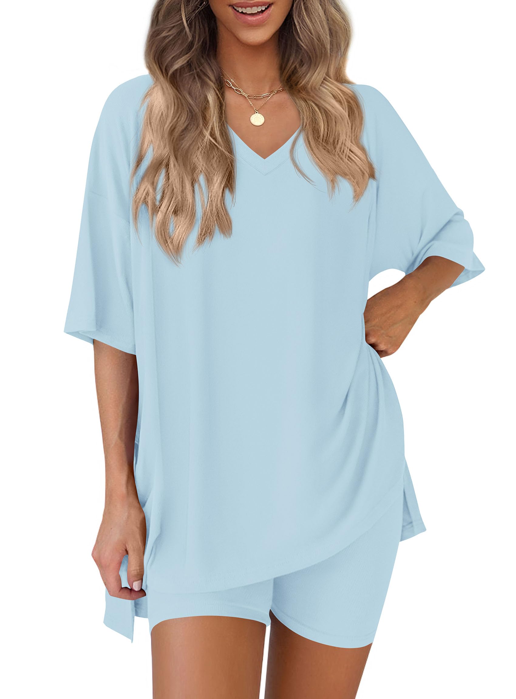 Womens 2 Piece Outfit Lounge Short Sets,Light Blue,S