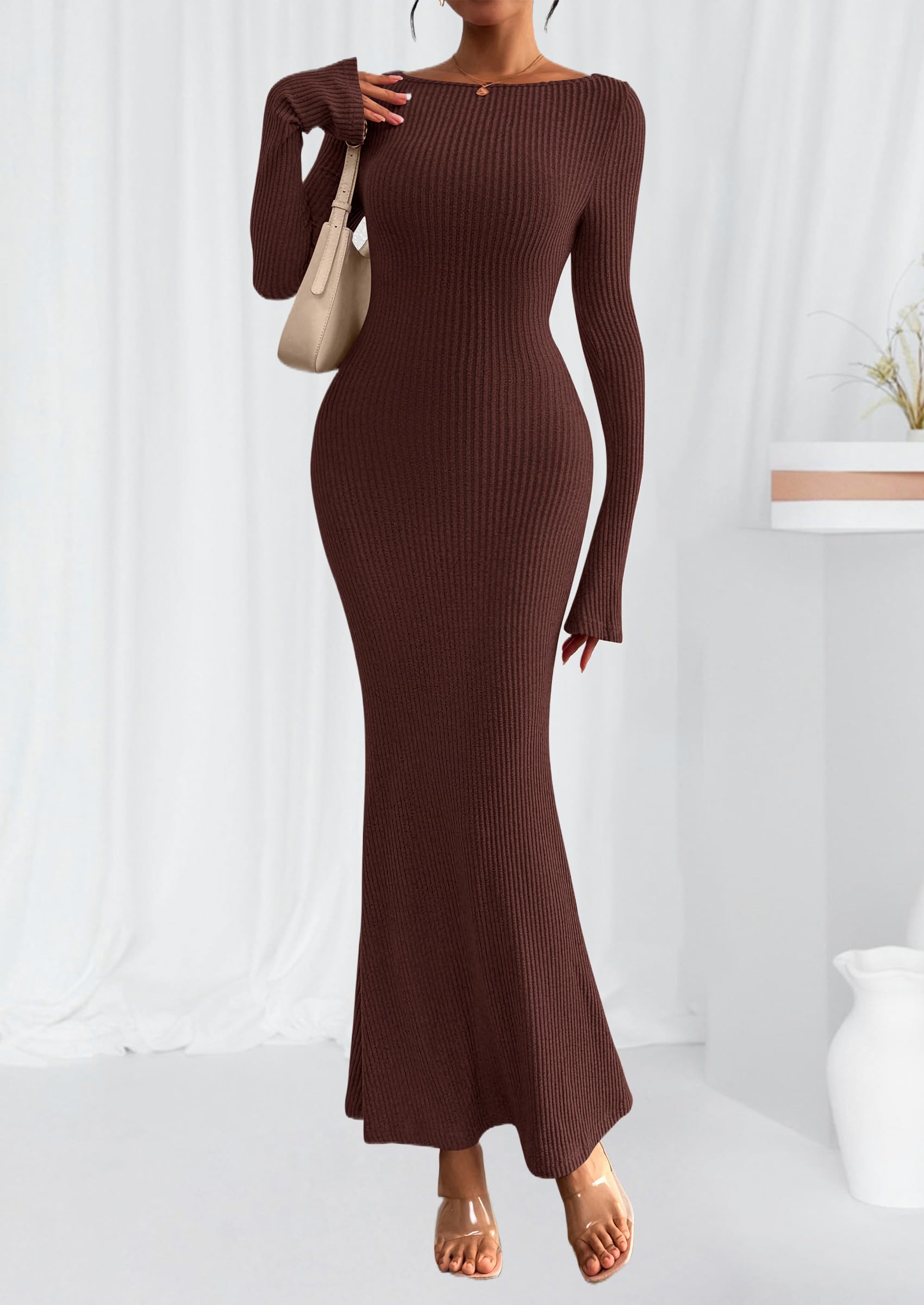 Women's Fall Long Sleeve Bodycon Maxi Dresses (Coffee,XS)