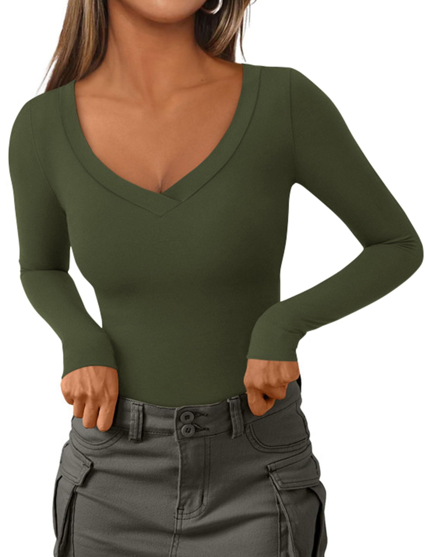 Women's V Neck Long Sleeve Shirts,Army Green,X-S