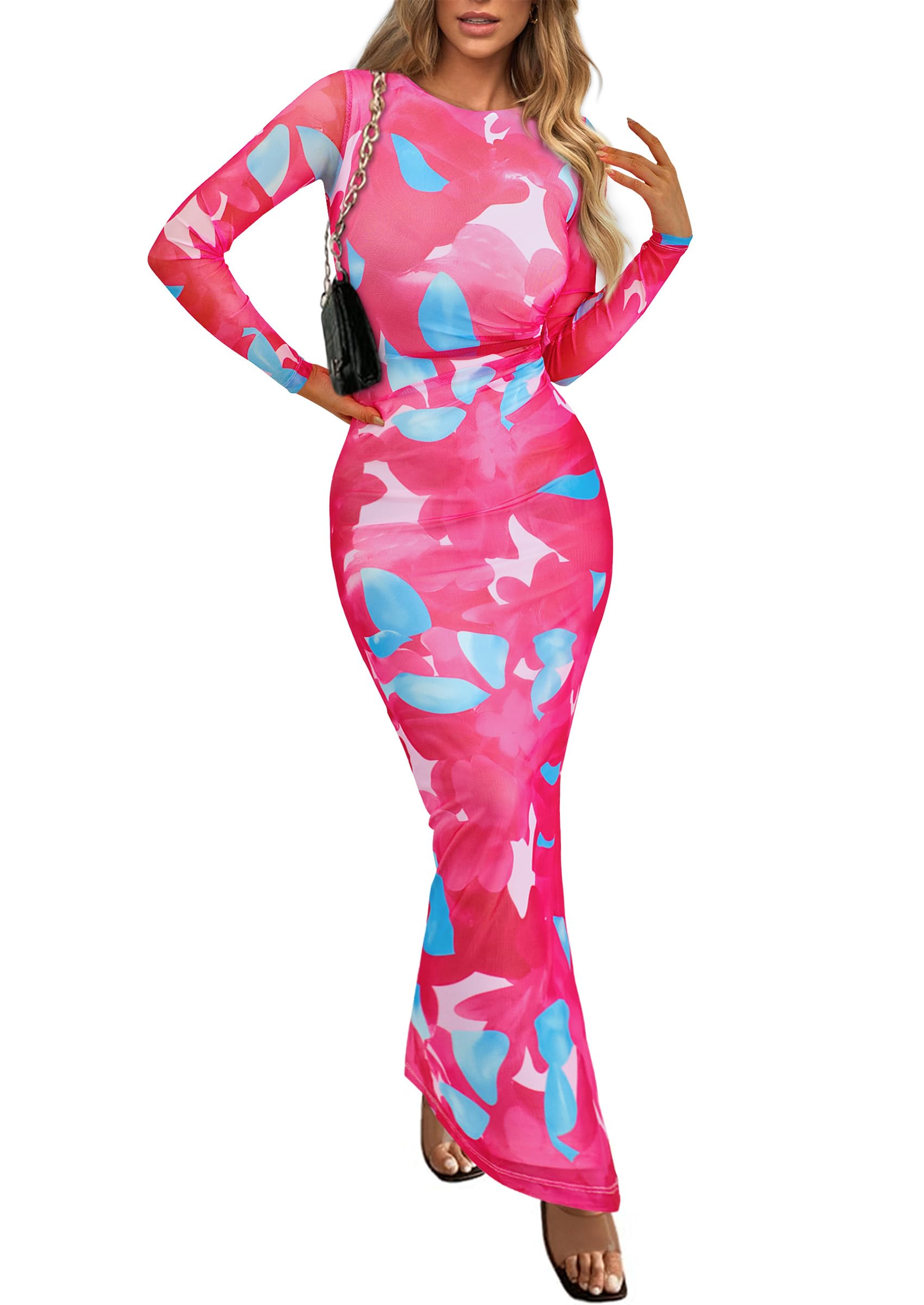 Women's Floral Bodycon Maxi Fall Dress Rose Red