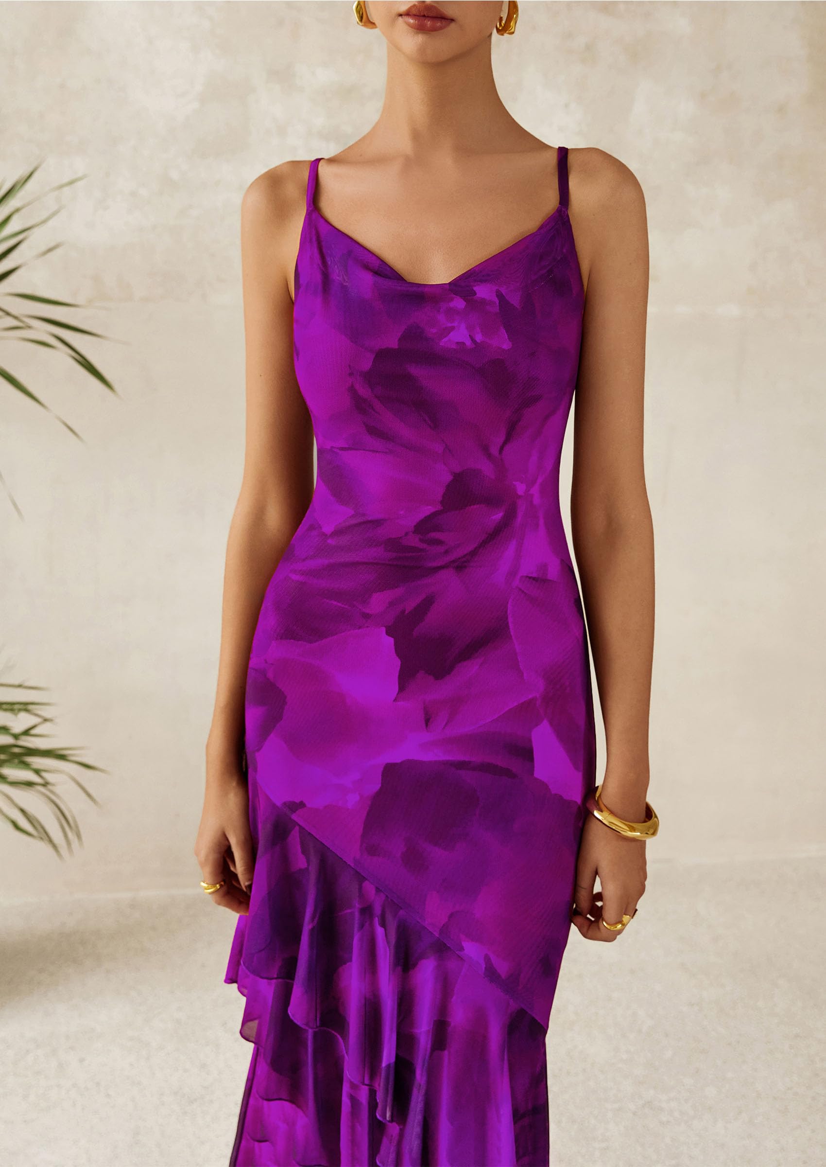 Women's Boho Floral Tiered Maxi Dress, Print Purple,XS