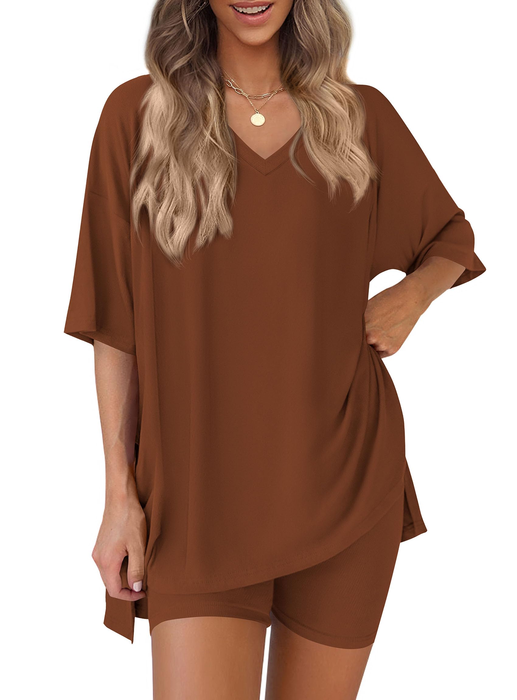 Womens 2 Piece Outfit Lounge Short Sets,Brown,S