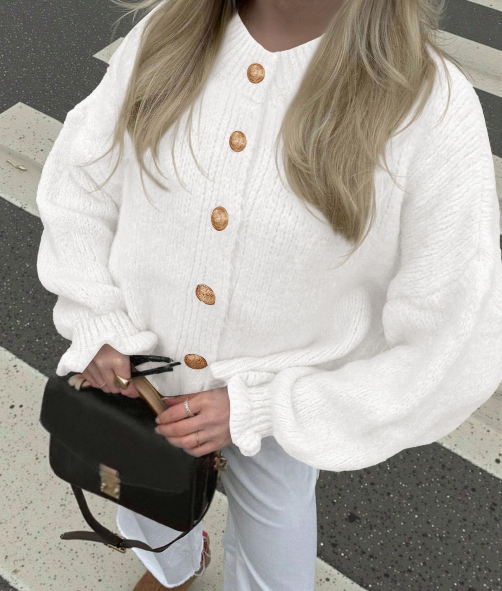 Womens Long Sleeve Chunky Knit Cardigan Sweaters,White,S