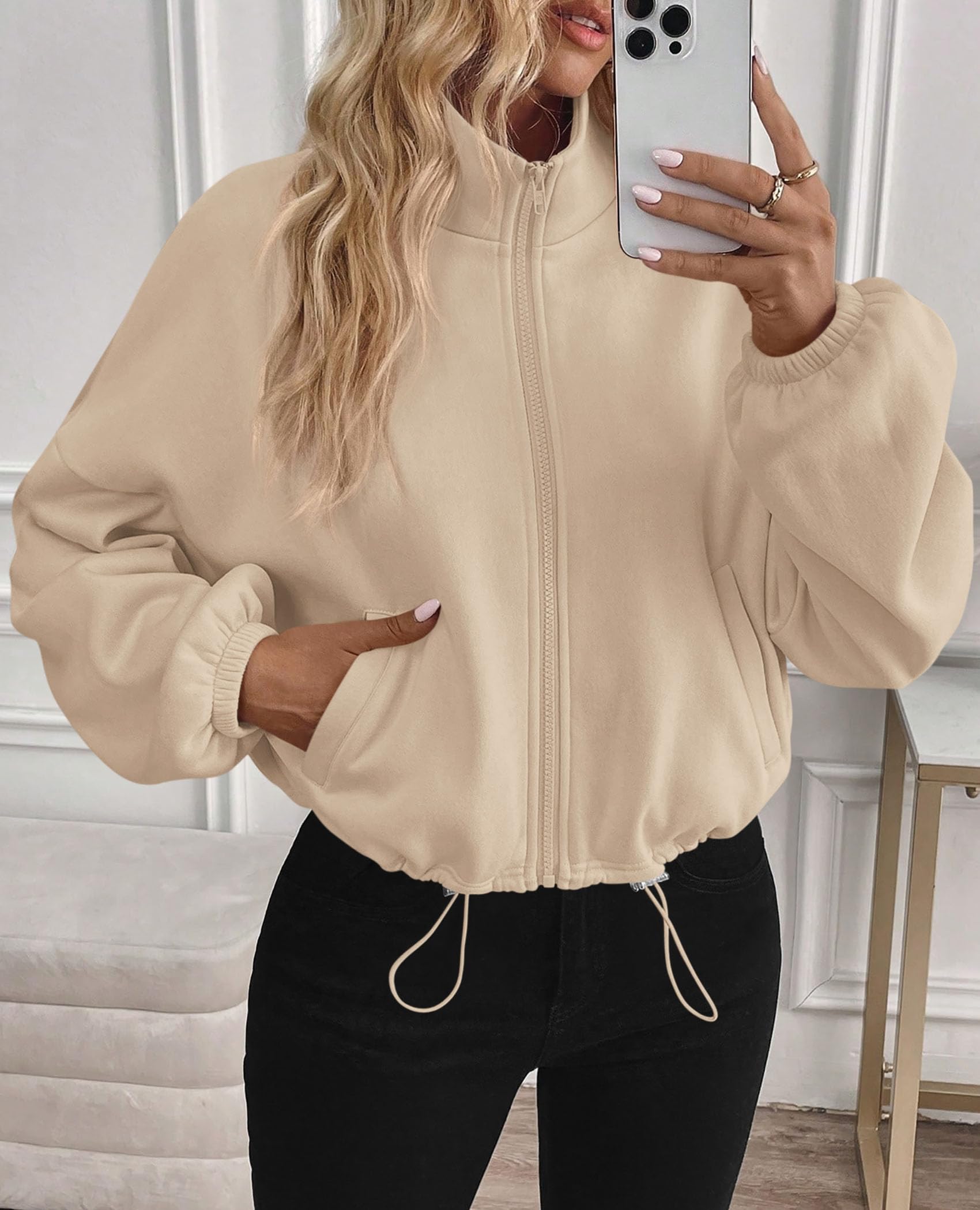 Women's Cropped Jacket Zip Up Fleece Sweatshirt Fall Outfits