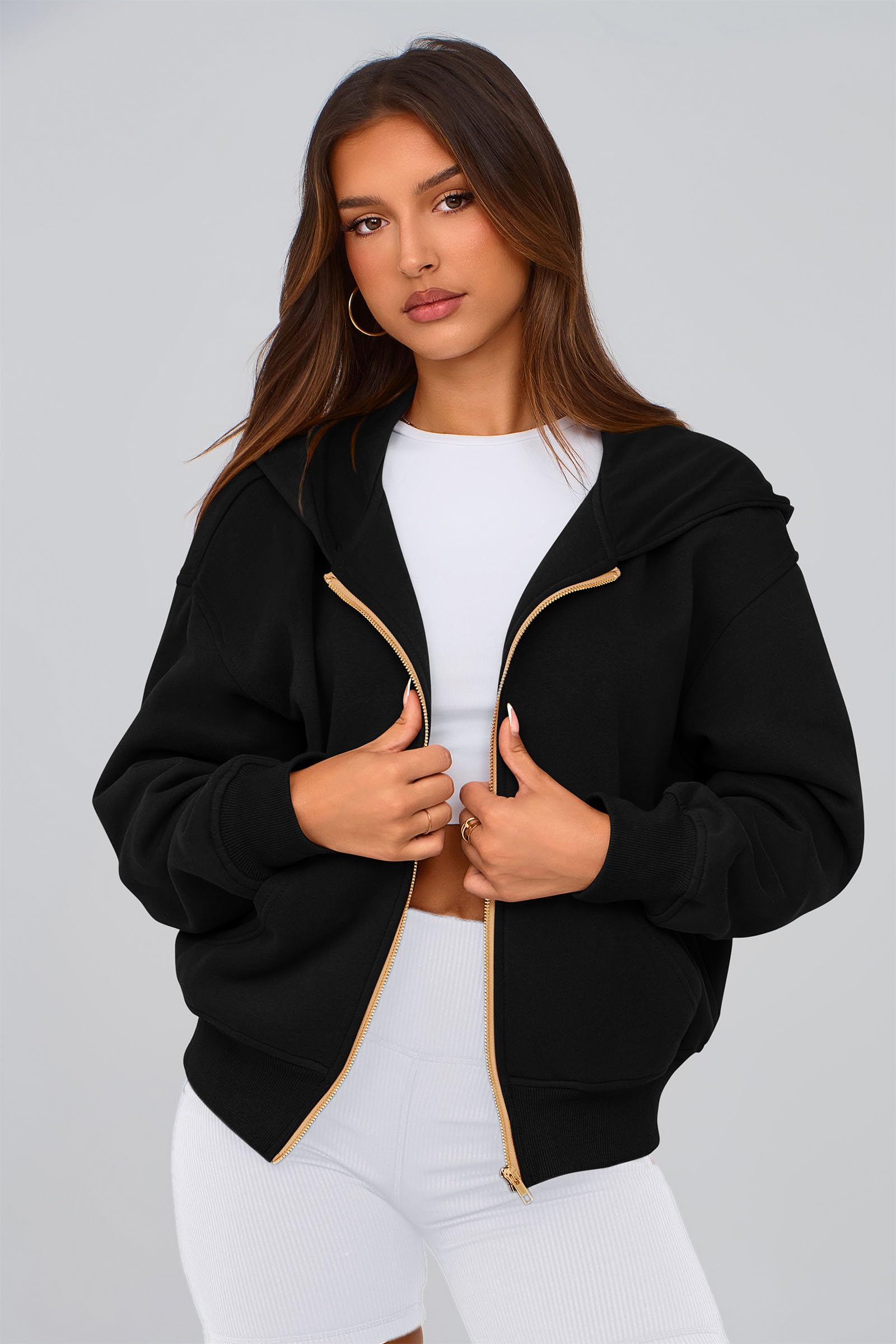 Hoodies for Women Fall Fashion Zip Up Fleece Plain Sweatshirt