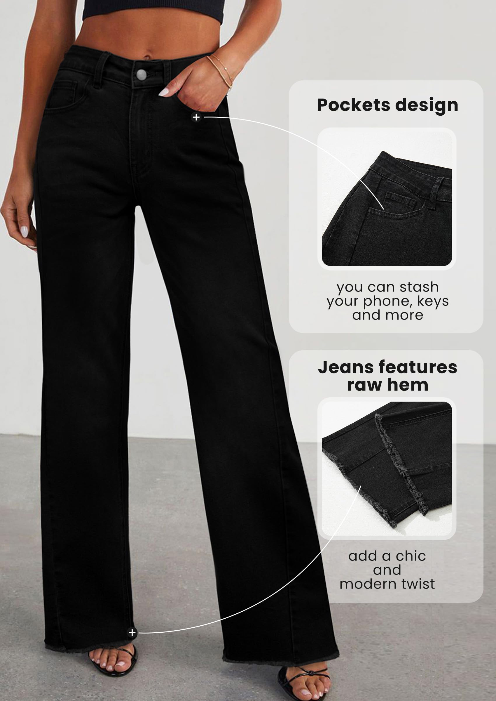 Women's Wide Leg Jeans Raw Hem Denim Pants,Solid Black,4