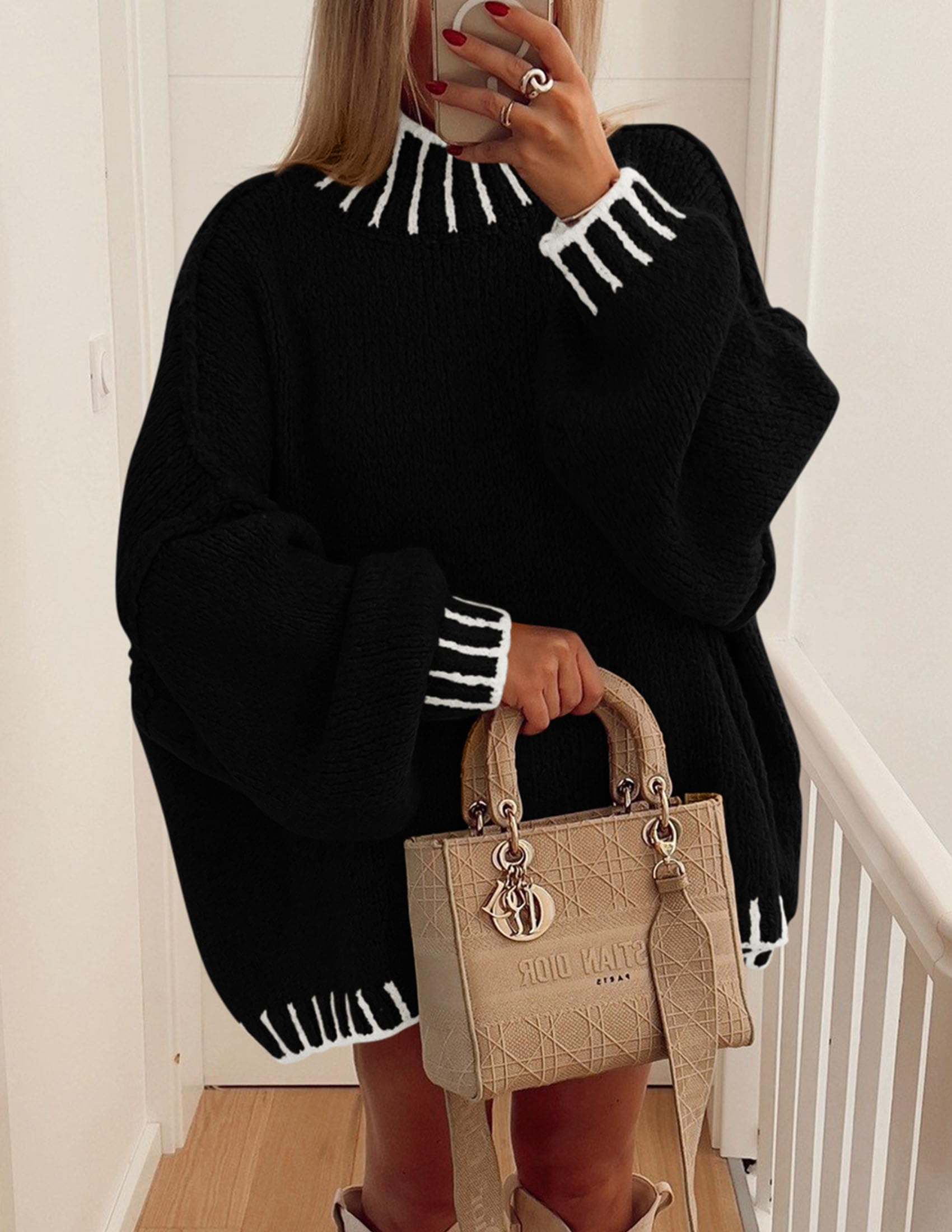 Women's Mock Neck Oversized Pullover Sweaters,Black,XS
