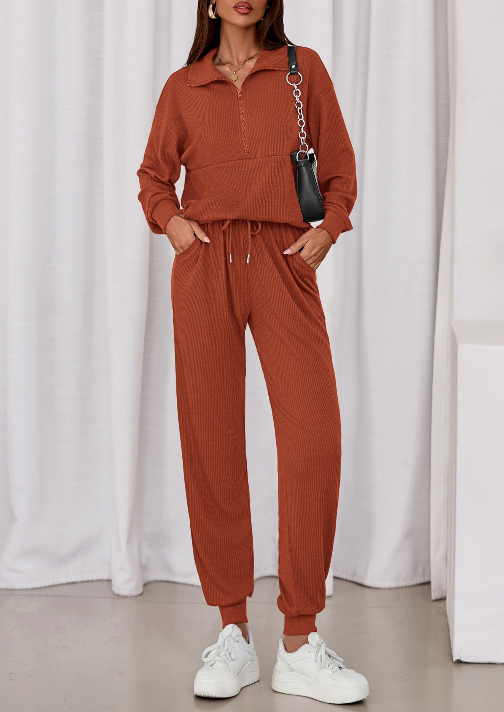 Airport Travel Outfit Women Ribbed Knit Matching Lounge Sets