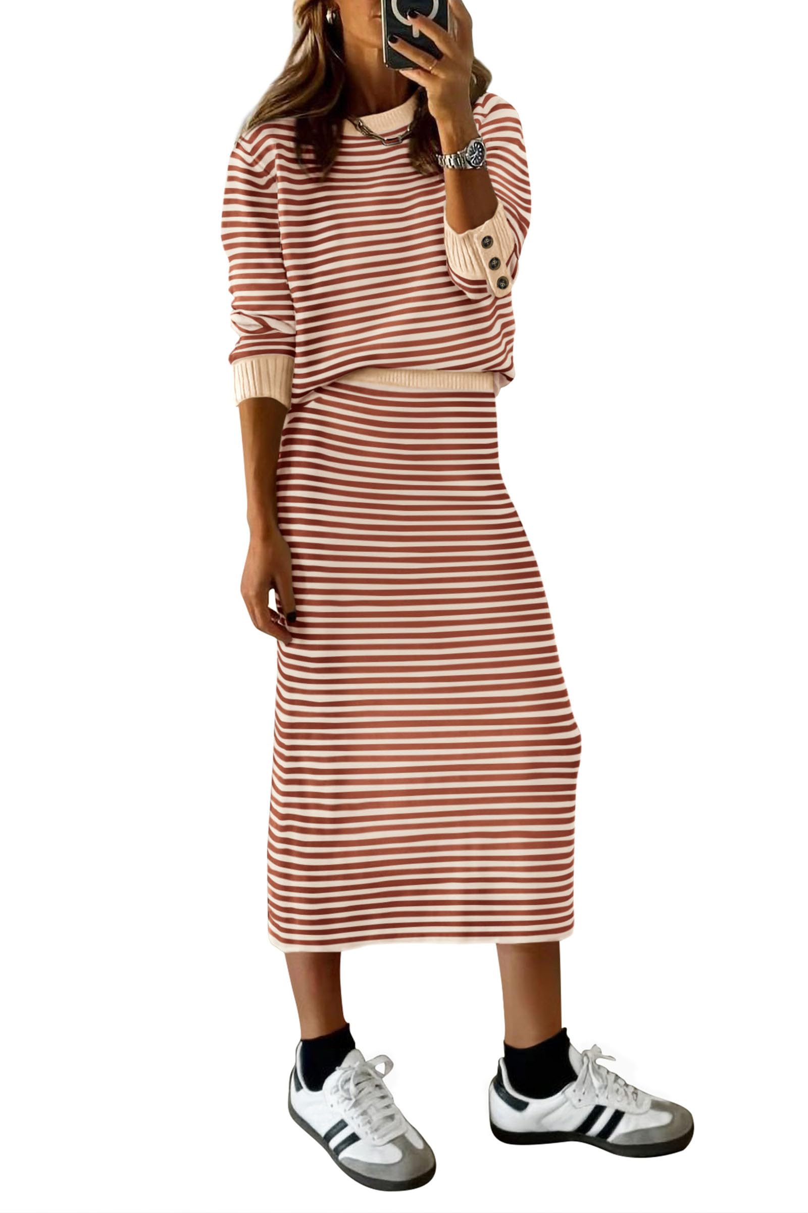 Women's 2 Piece Striped Sweater Skirt Set Fall Matching Sets