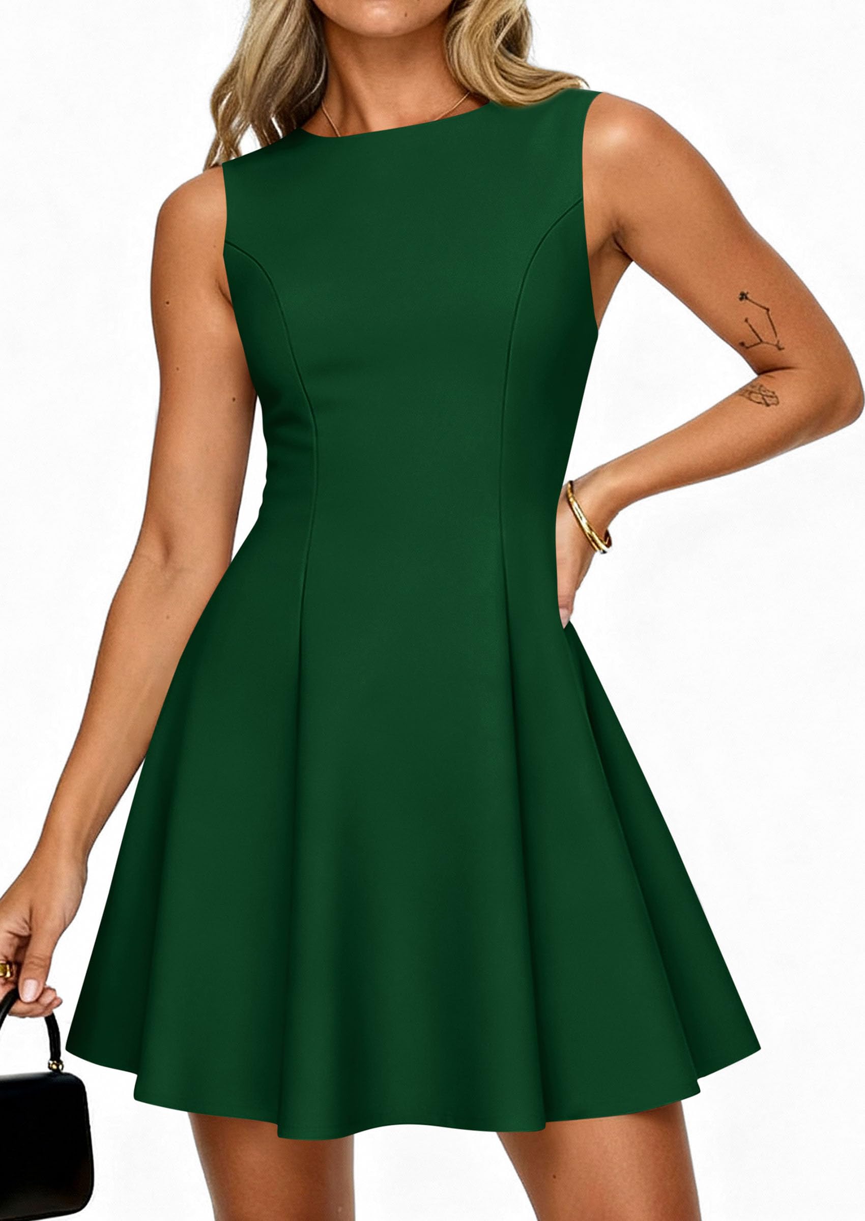 Women's Formal Boat Neck A Line Mini Dress,Dark Green,XS