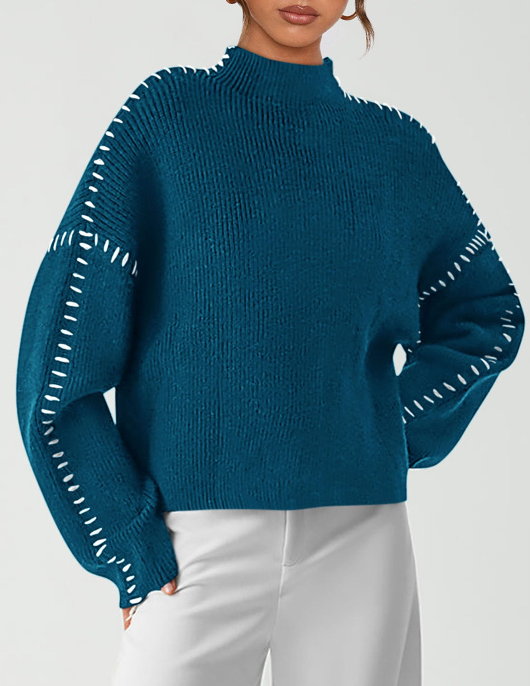 Womens Chunky Knit Oversized Pullover Sweaters,Blue Green,S