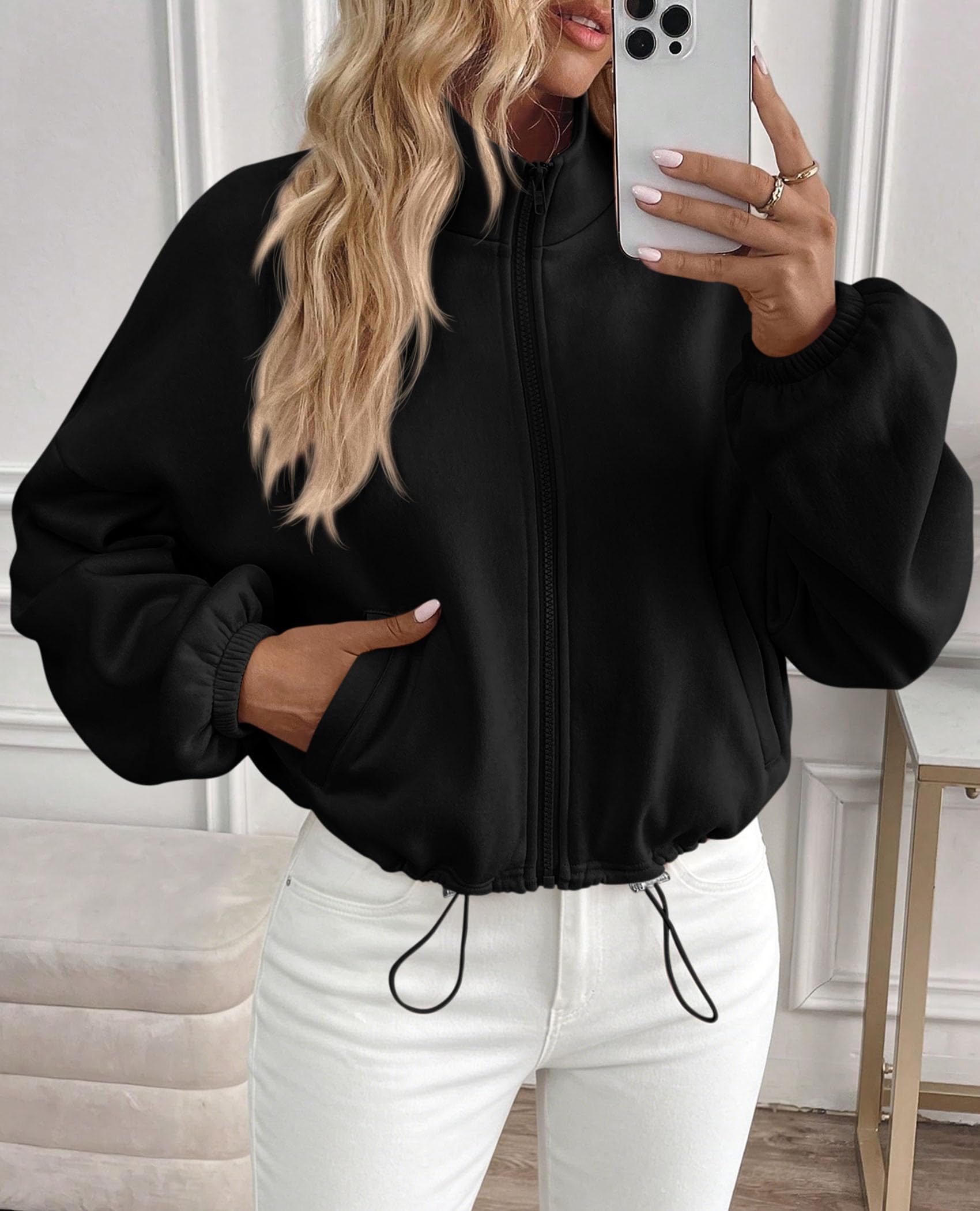 Women's Cropped Jacket Zip Up Fleece Sweatshirt Fall Outfits