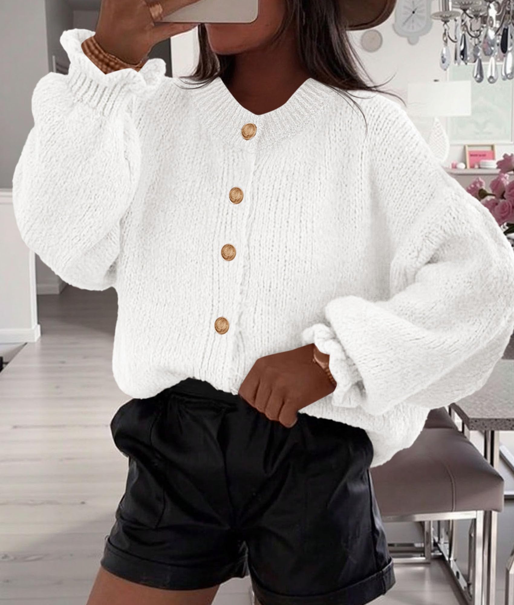 Womens Long Sleeve Chunky Knit Cardigan Sweaters,White,S