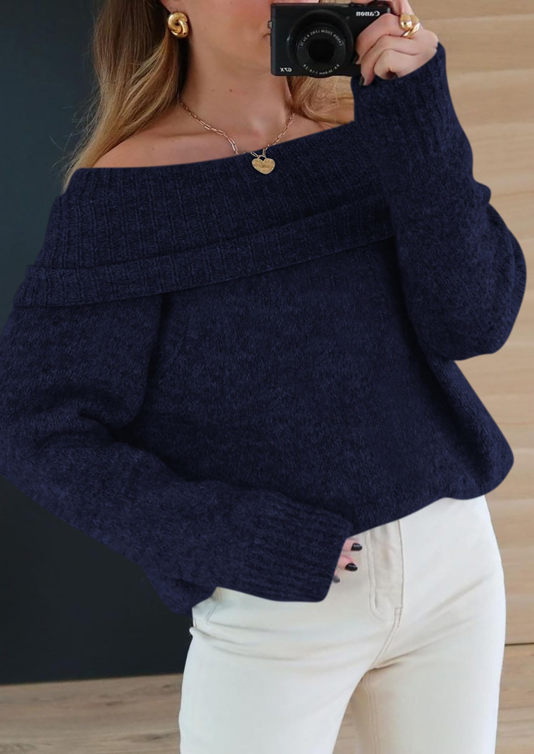 Women's Fall Off The Shoulder Sweater,Navy,M