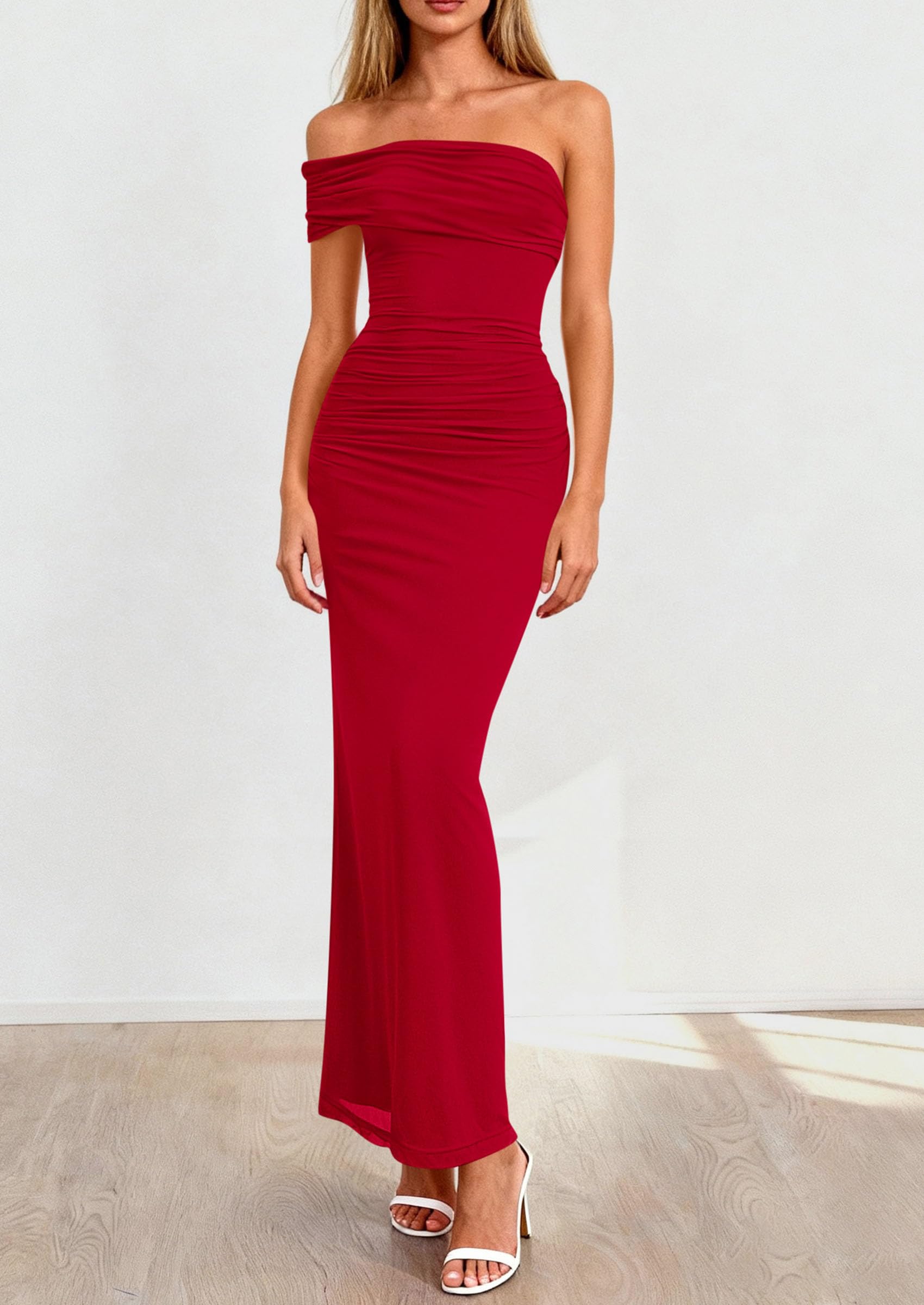Women's Semi Formal One Off Shoulder Dresses (Red,S)