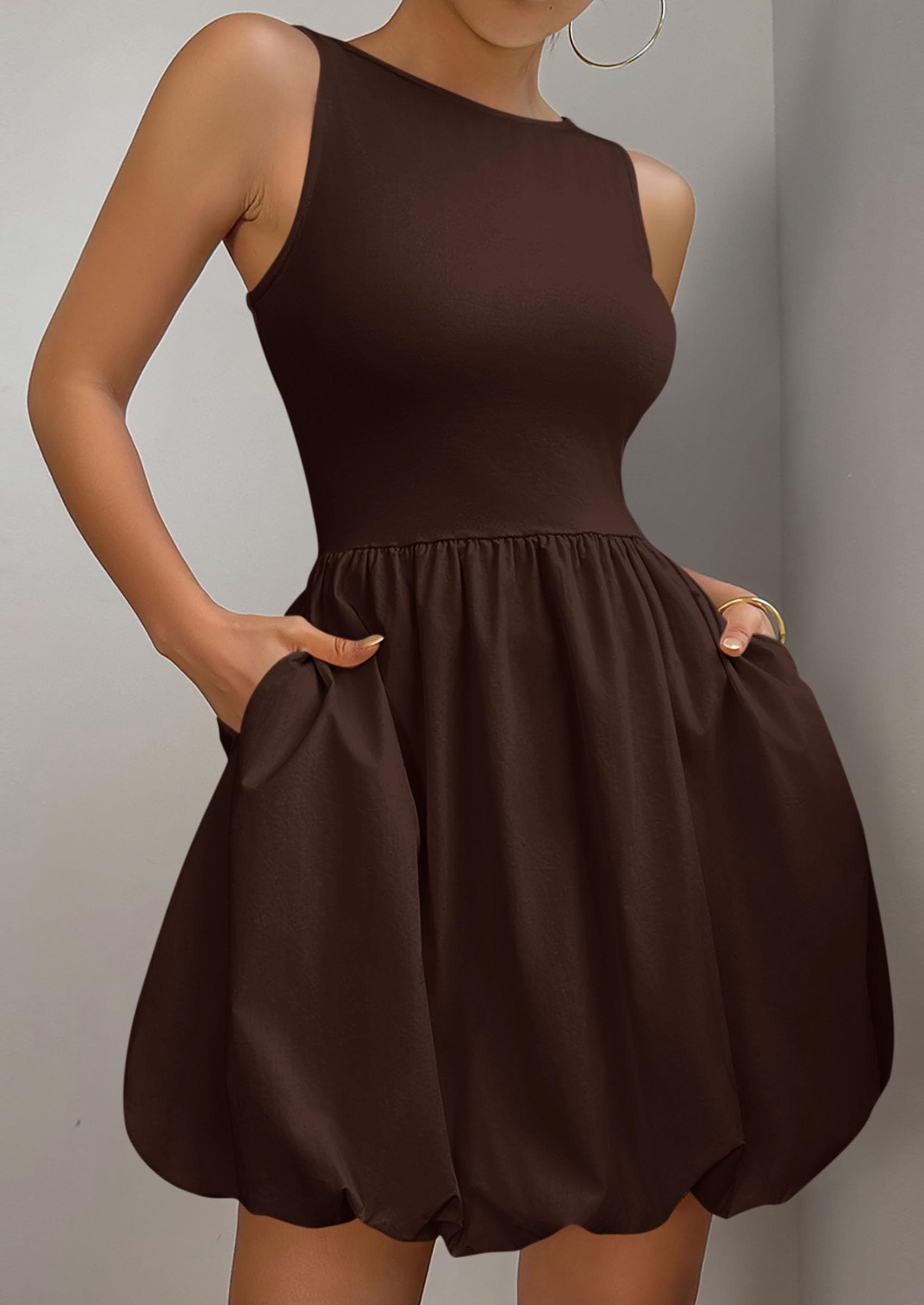 Womens Summer Bubble Sleeveless Mini Dress,Brown,S