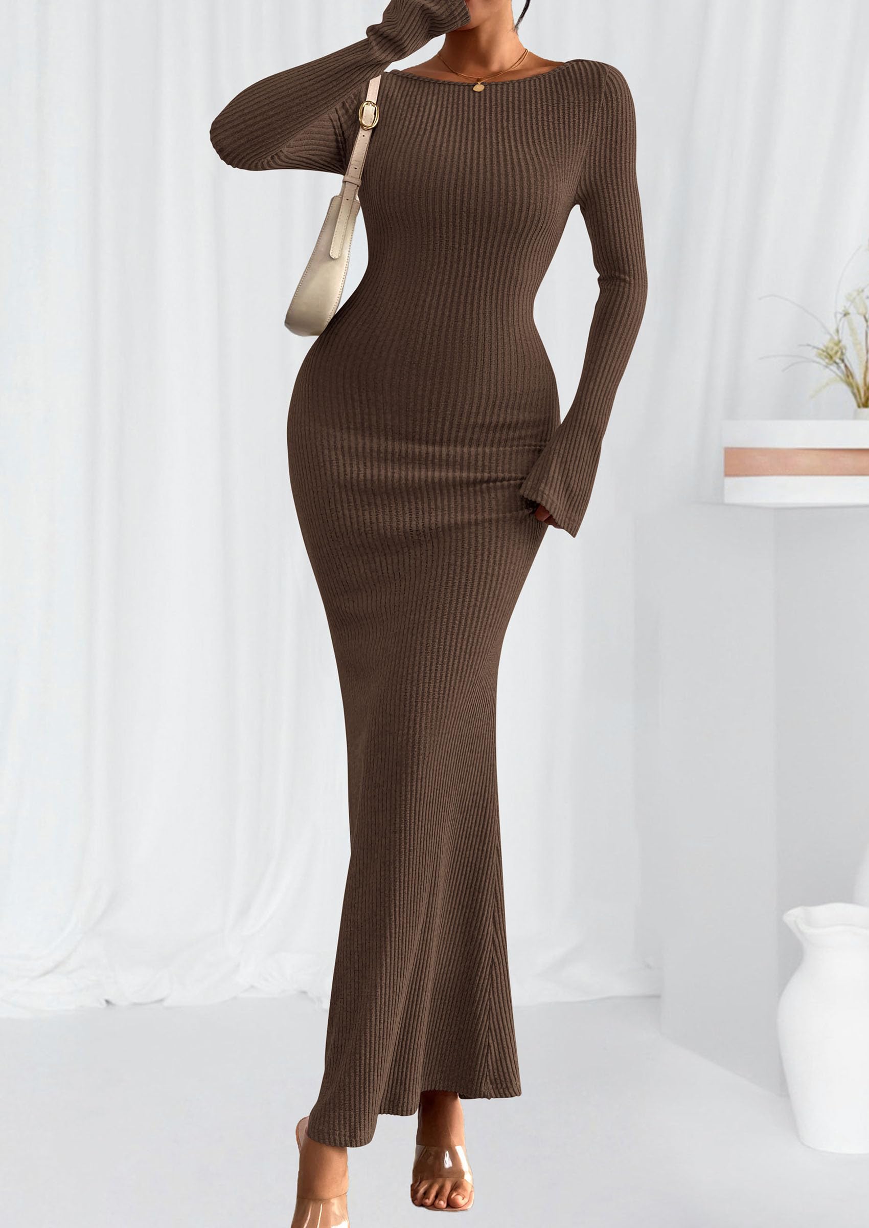 Women's Fall Long Sleeve Bodycon Maxi Dresses (Dark Brown,XS)