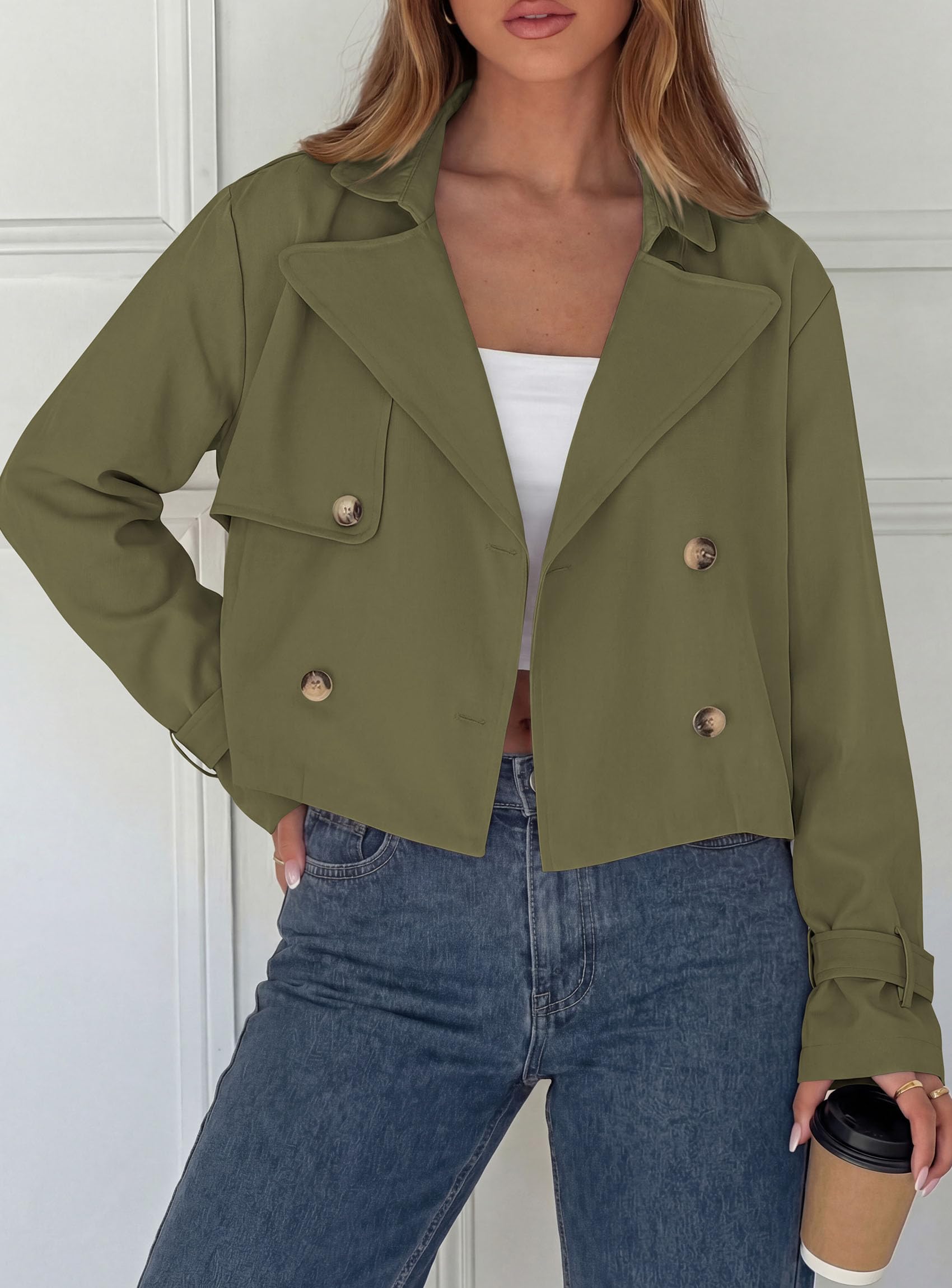 Cropped Trench Coat For Women Short Jacket,Army Green,S