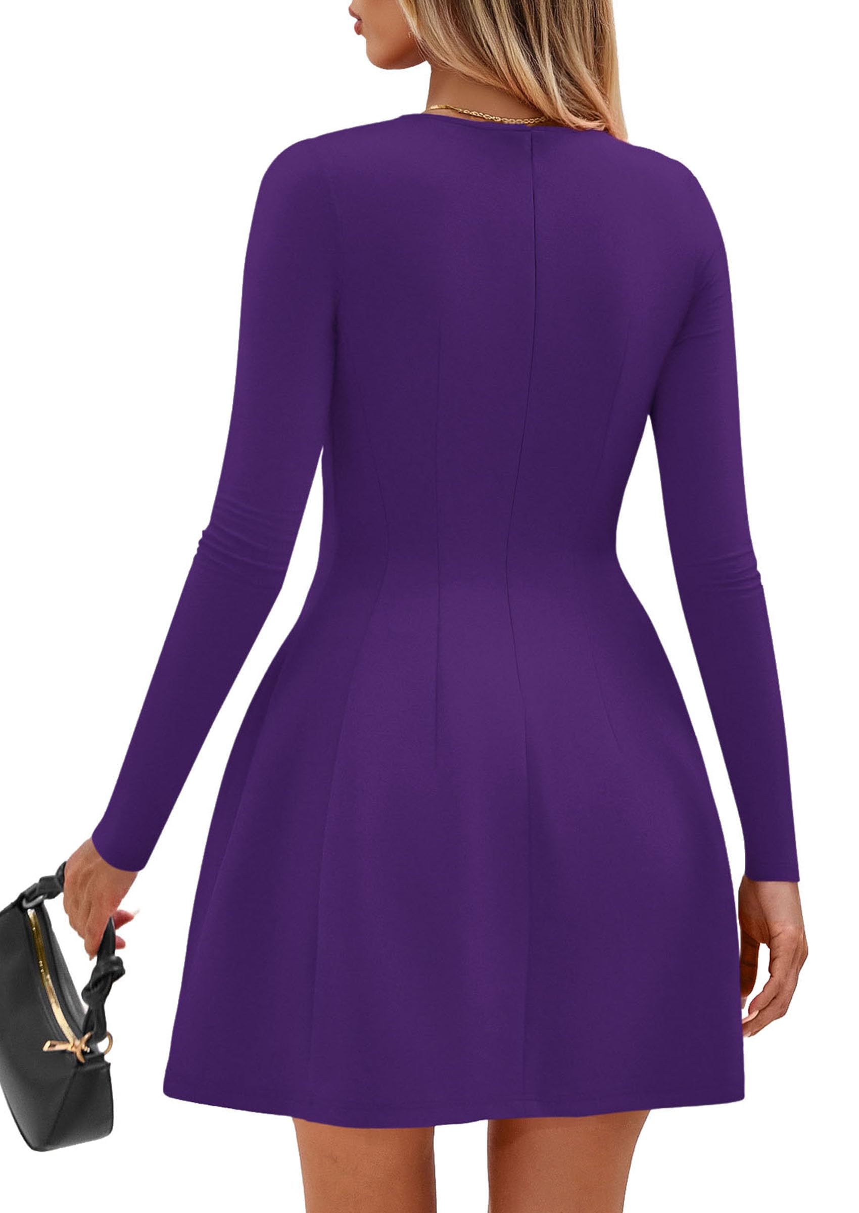 Womens Long Sleeve Pleated Mini Dress,Purple,XS