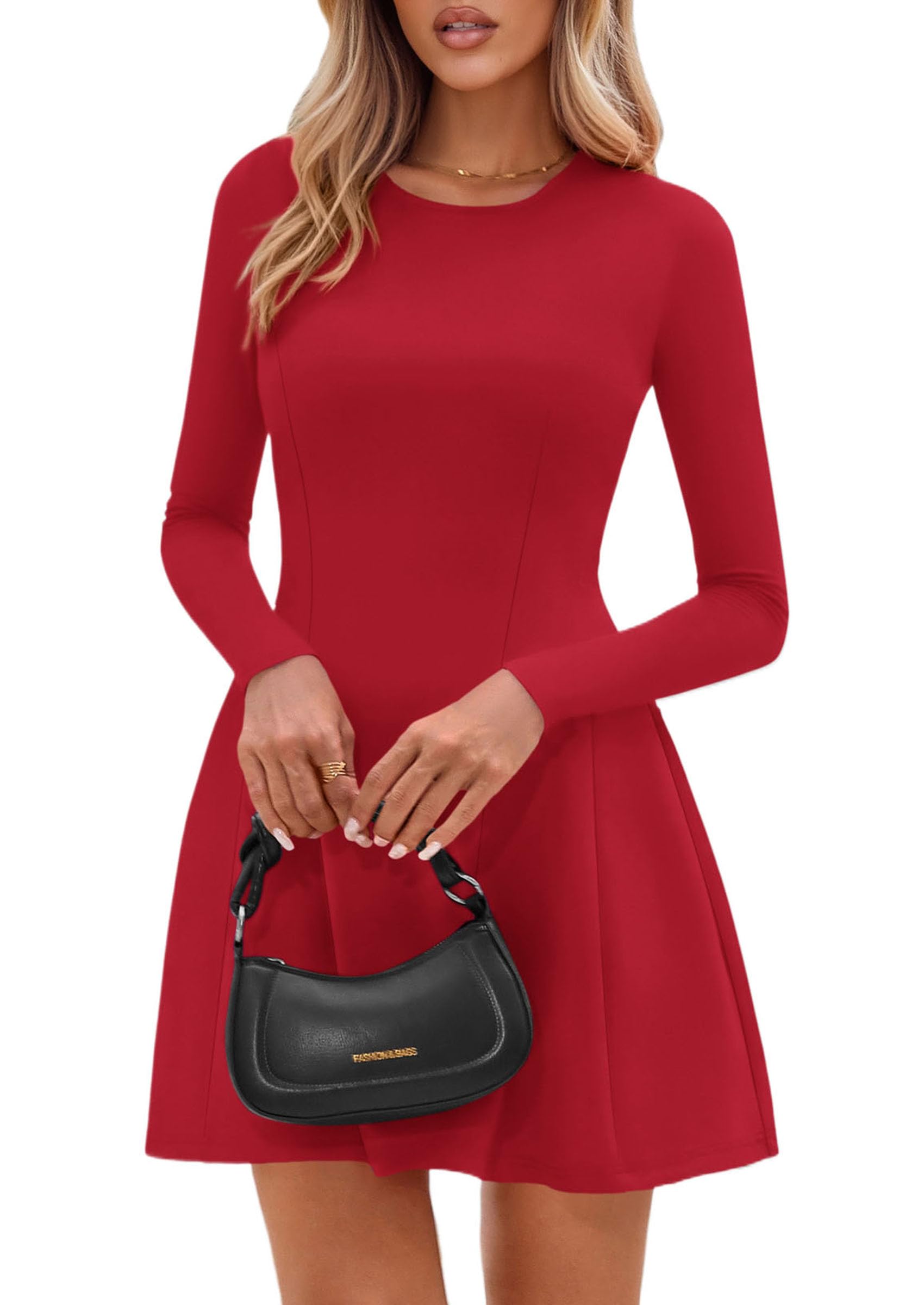 Womens Long Sleeve Pleated Mini Dress,Red,M