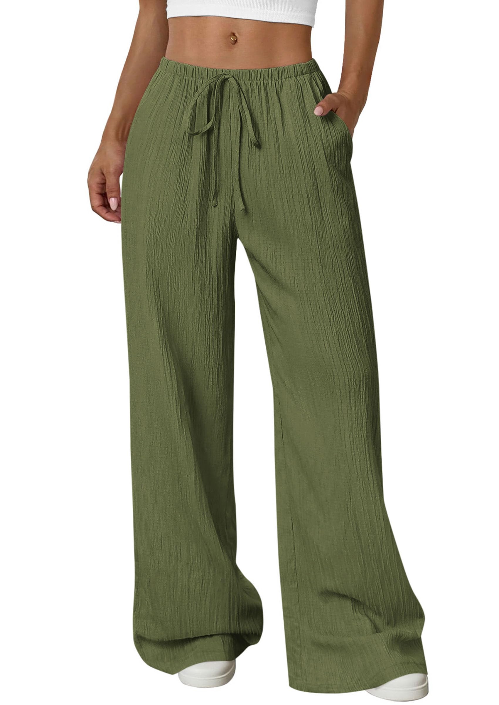 Women's Palazzo Pants Casual Wide Leg Trousers,Army Green,S