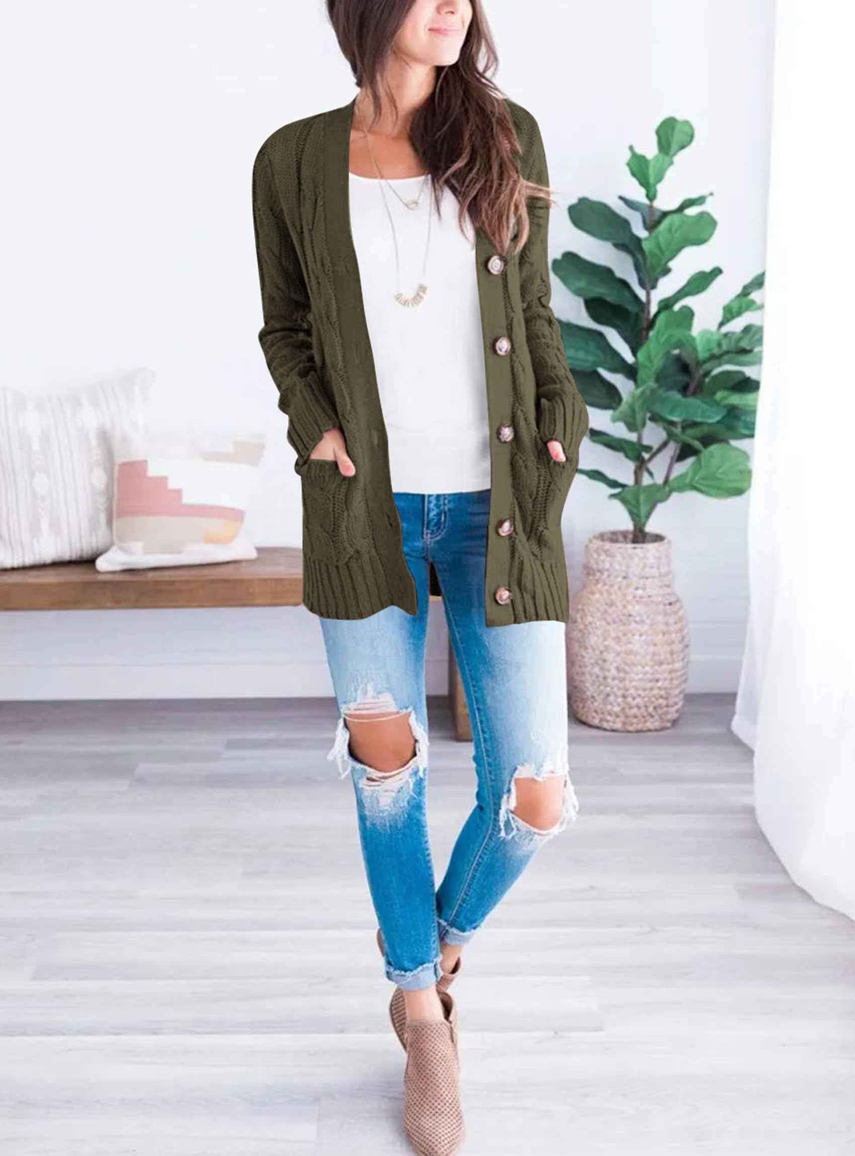 Women Chunky Cable Knit Cardigan Sweaters Fall Fashion Clothes
