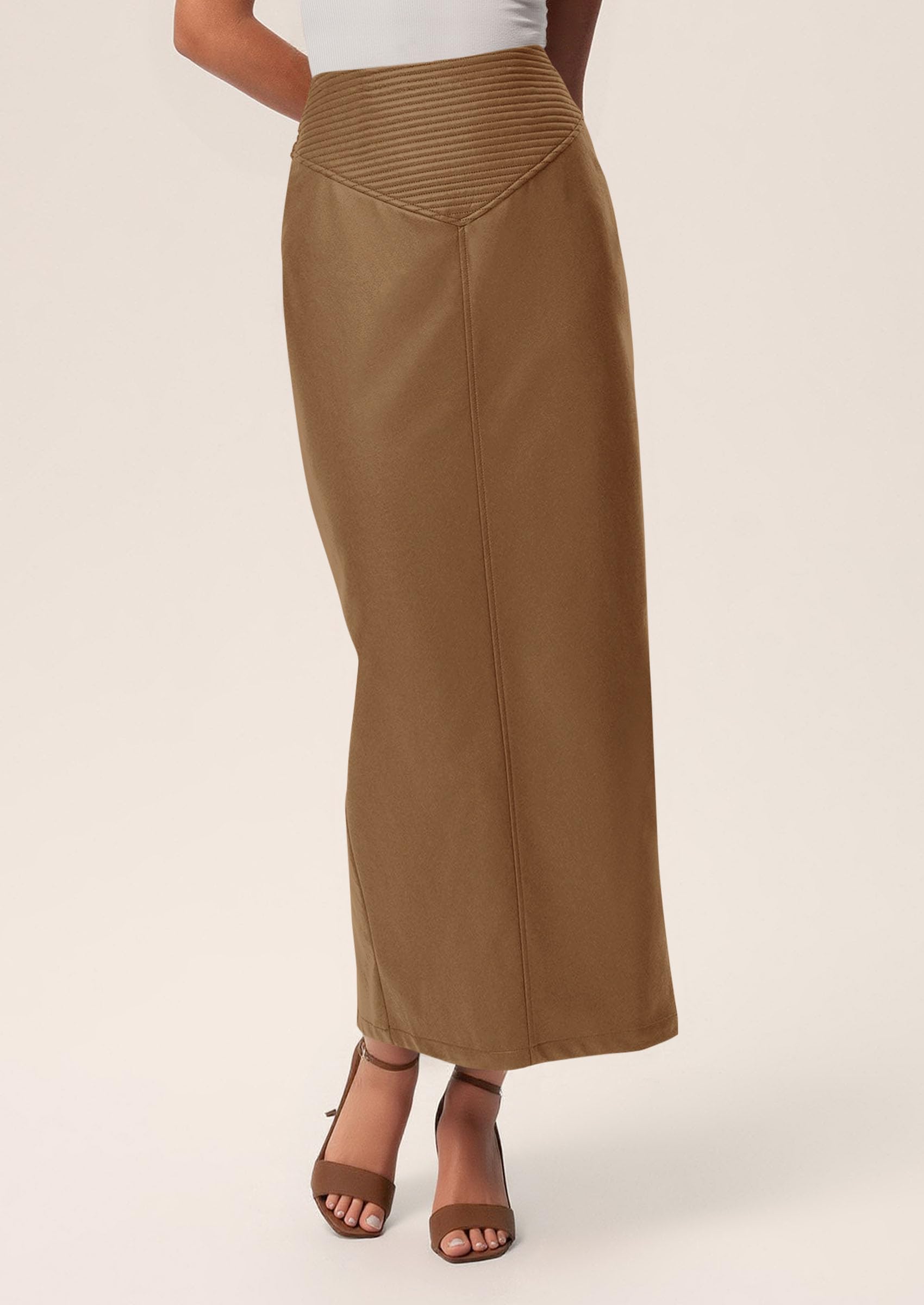 Women's Faux Leather High Waisted Maxi Skirts,Camel,XS