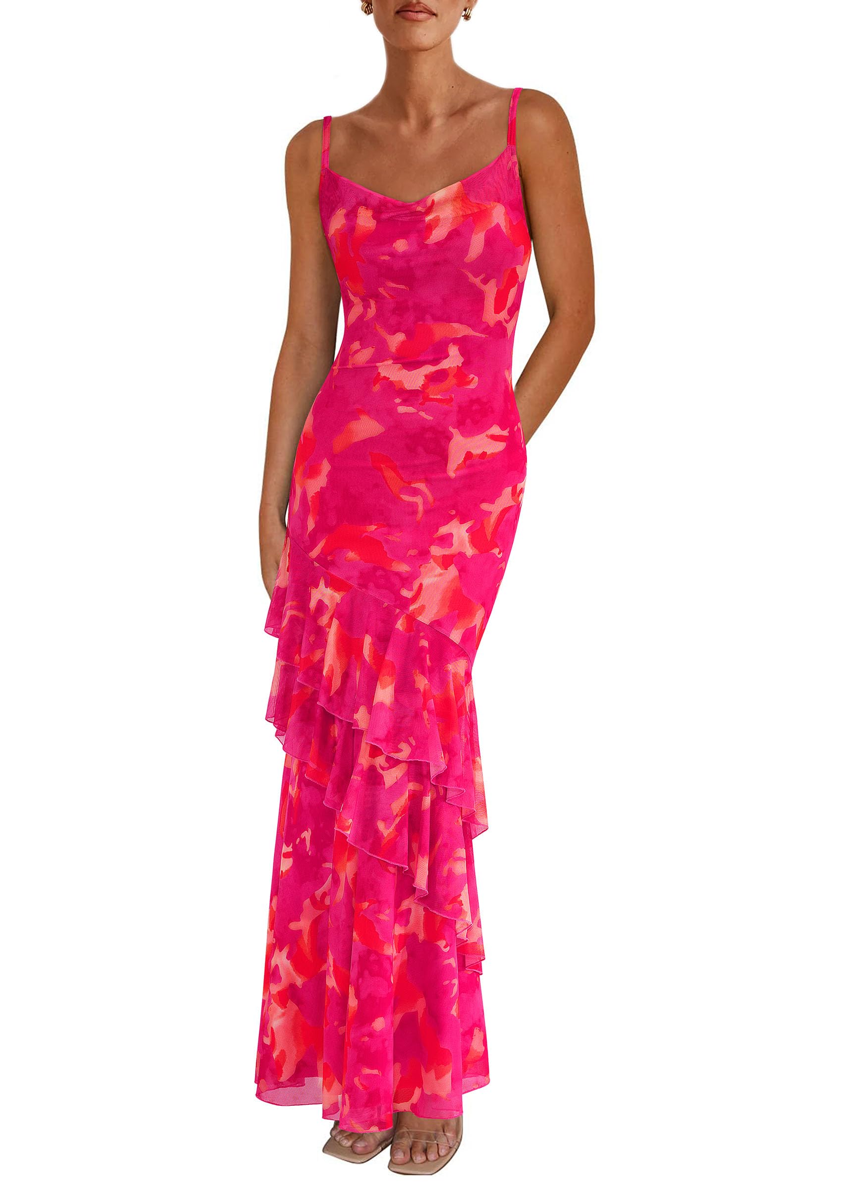 Women's Boho Floral Tiered Maxi Dress, Floral Rose Red,XS