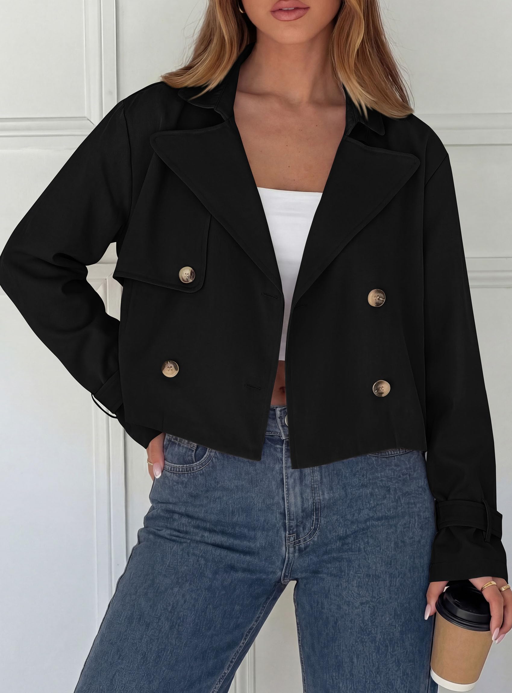 Cropped Trench Coat For Women Short Jacket,Black,S