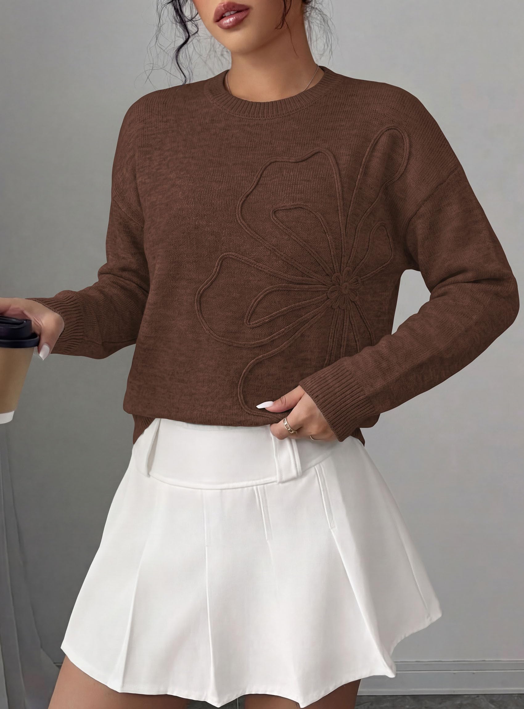Sweaters for Women Fall Fashion Embroidered Floral Knit Tops