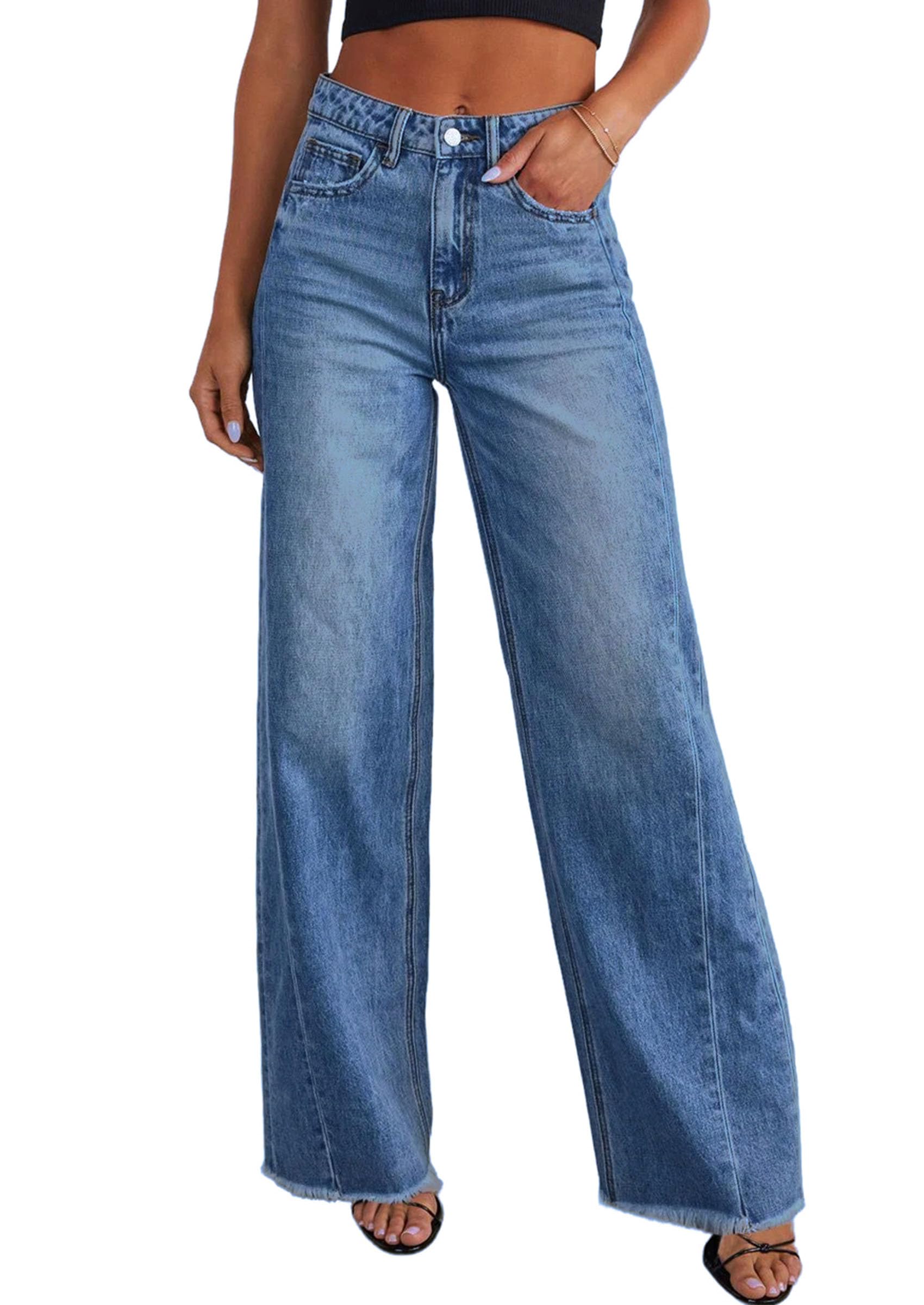 Women's Wide Leg Jeans Raw Hem Denim Pants,Dark Blue,4