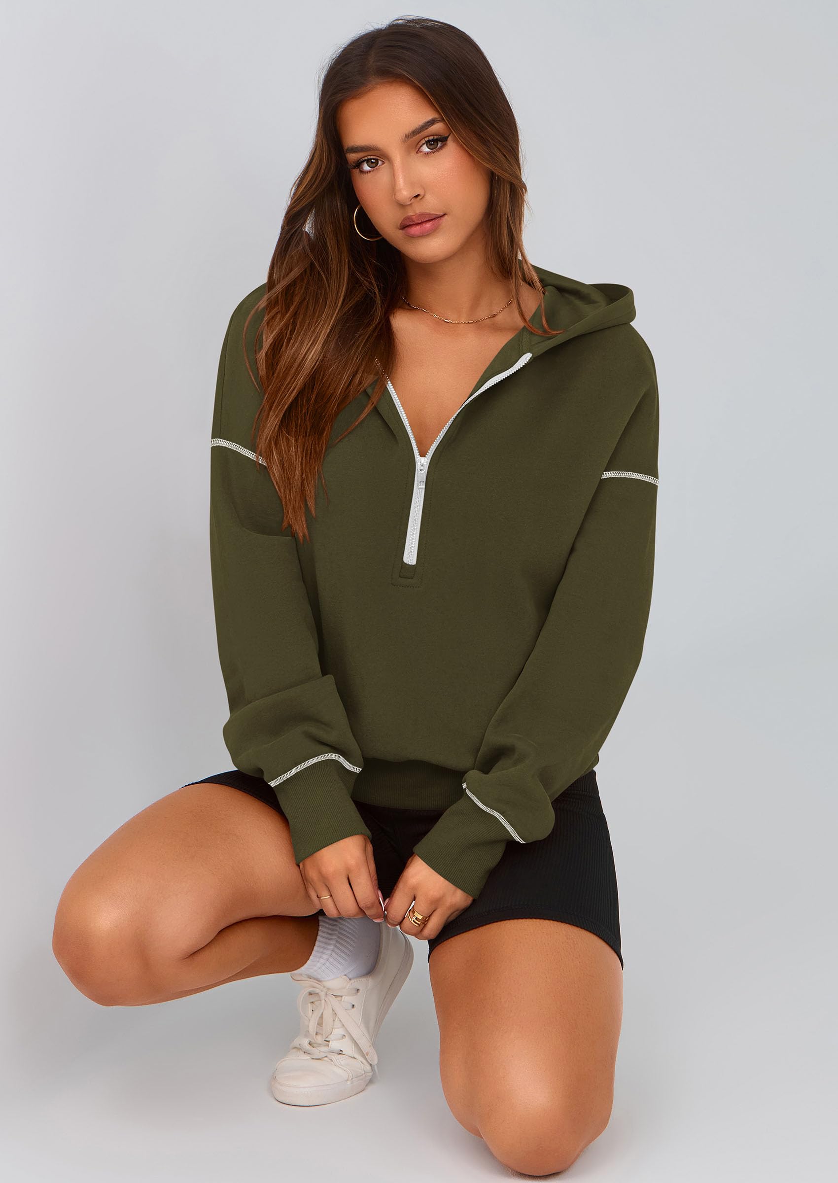 Women's Fall Half Zip Cropped Hoodie Sweatshirt Army Green