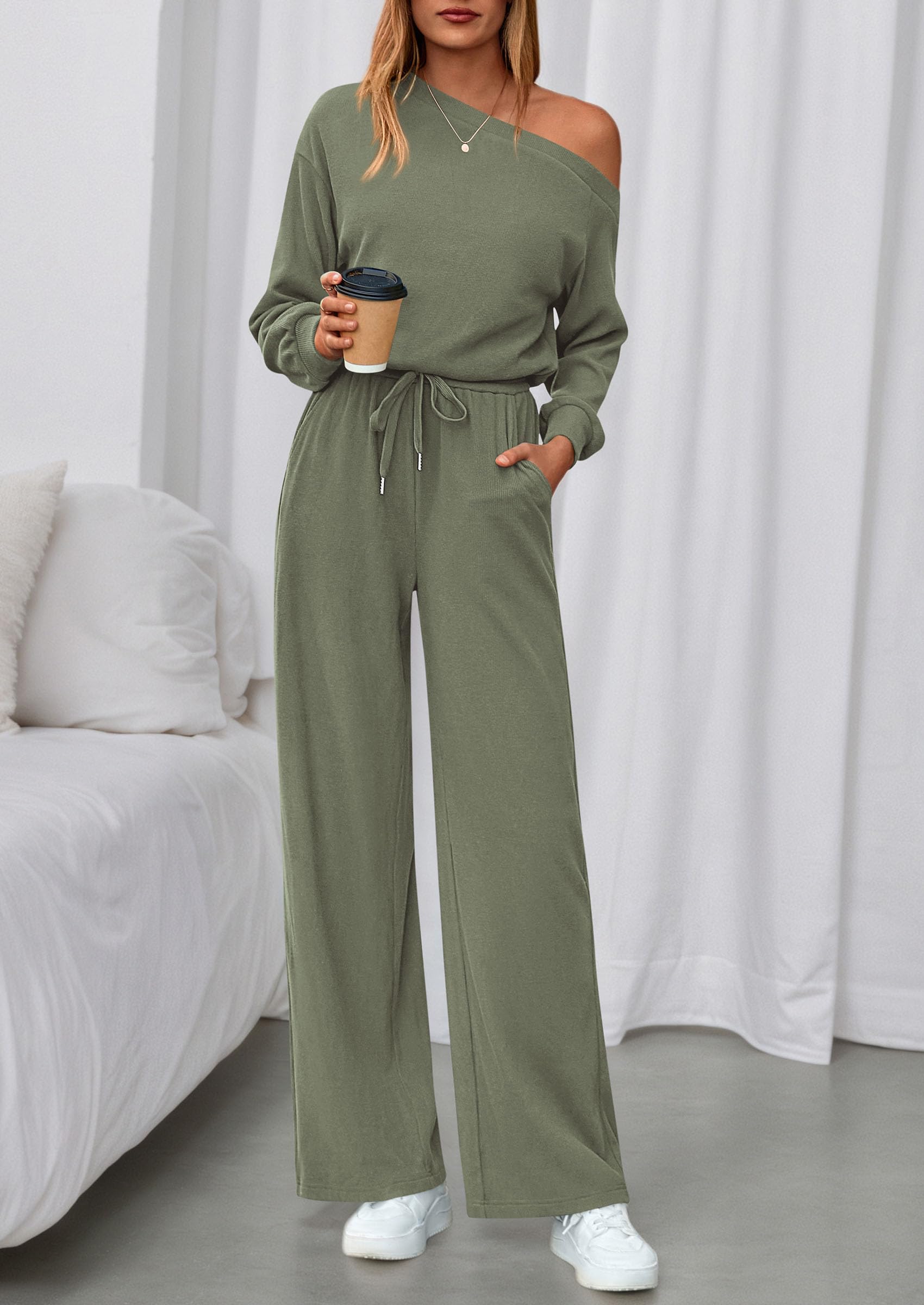 Womens Off Shoulder Long Sleeve Jumpsuit,Bean Green,S