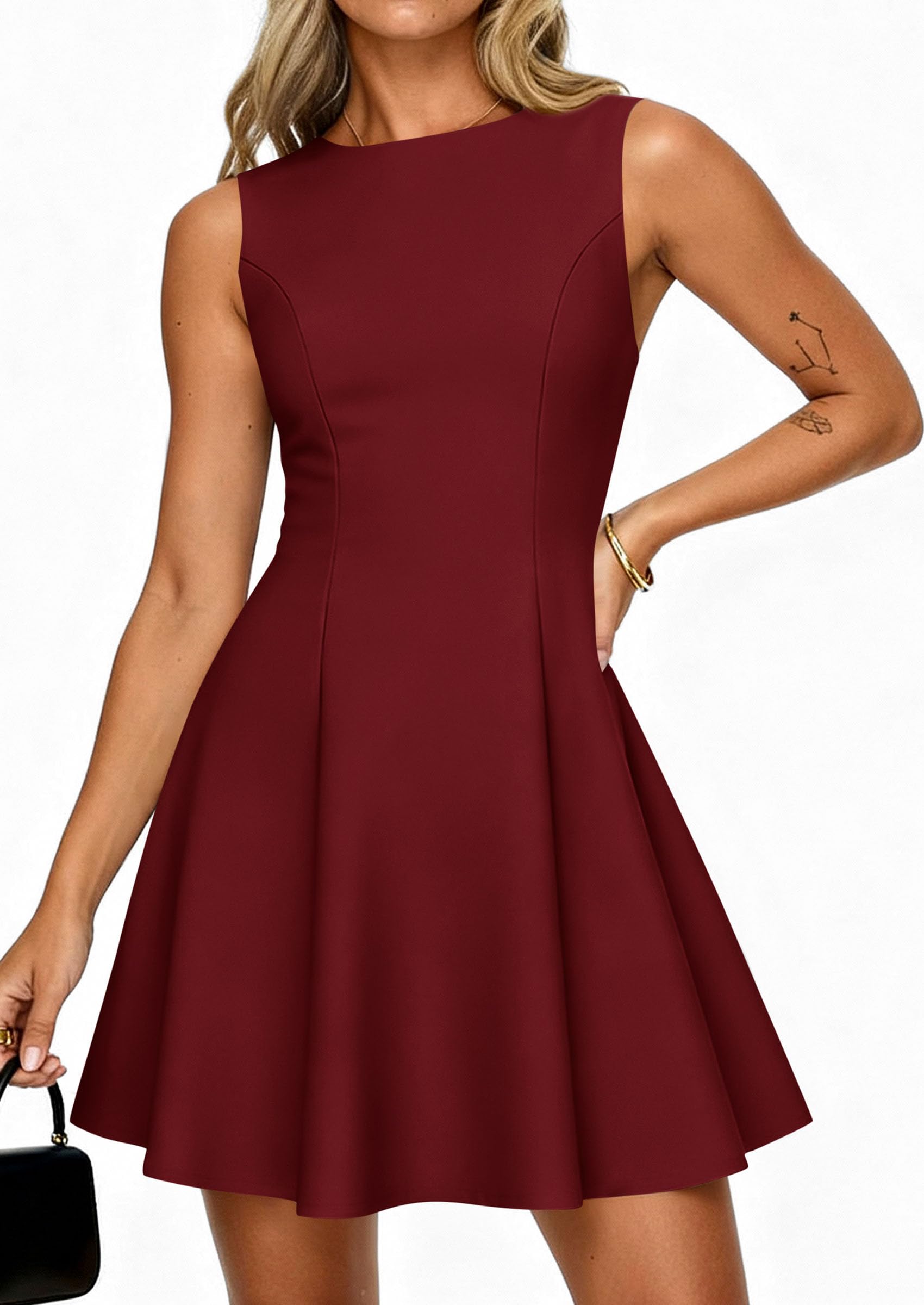 Women's Formal Boat Neck A Line Mini Dress,Burgundy,S