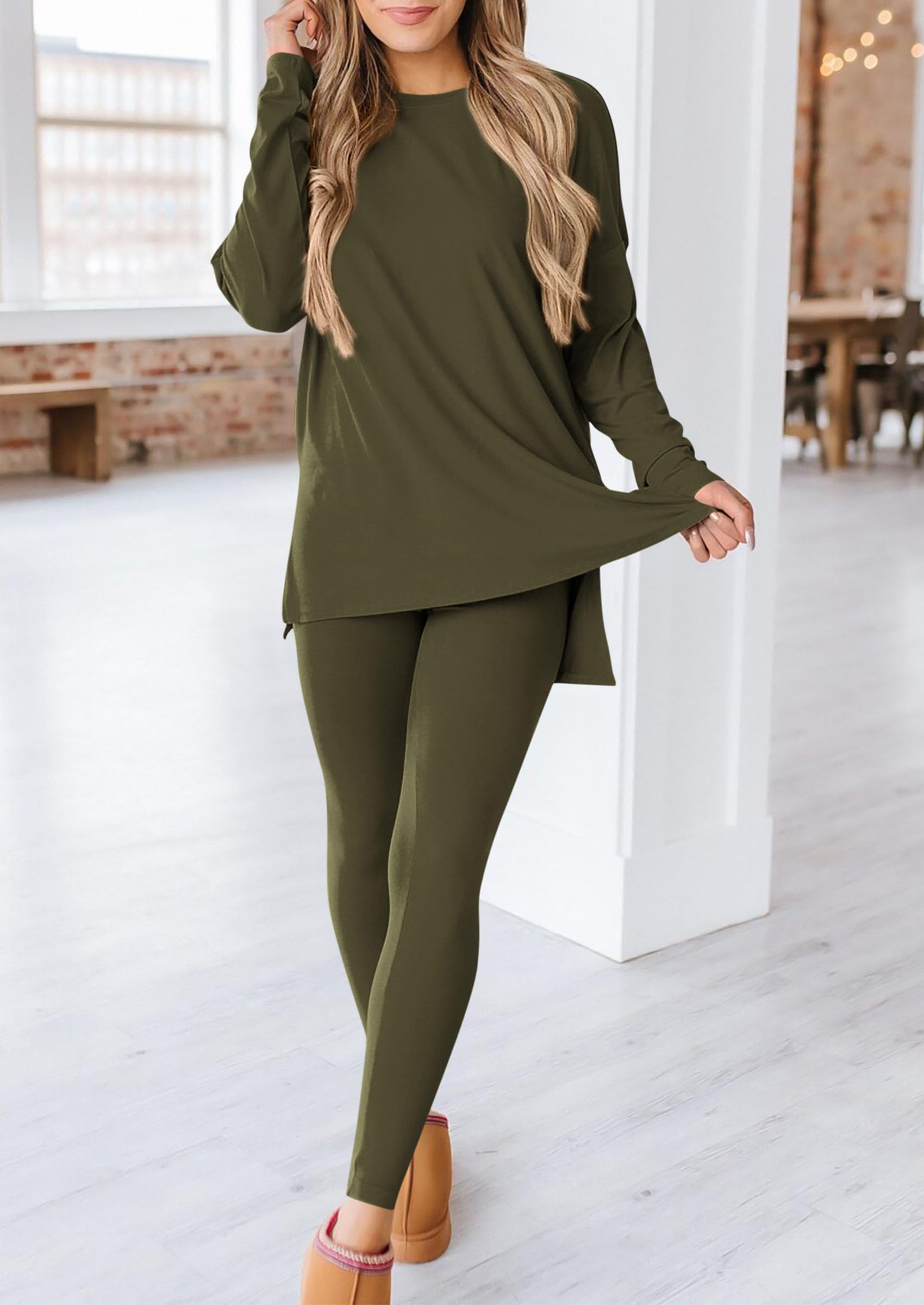 Women's 2 Piece Outfits Matching Lounge Sets,Army Green,S