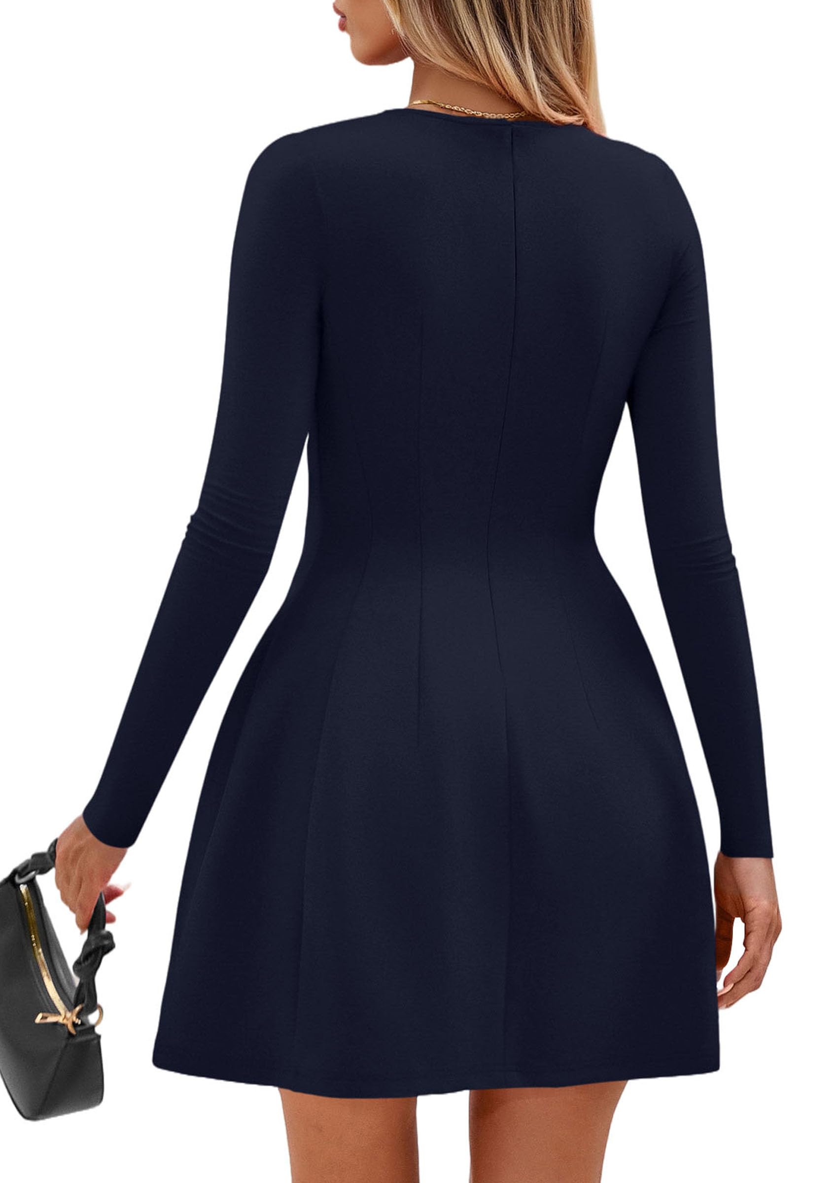 Womens Long Sleeve Pleated Mini Dress,Navy,XS
