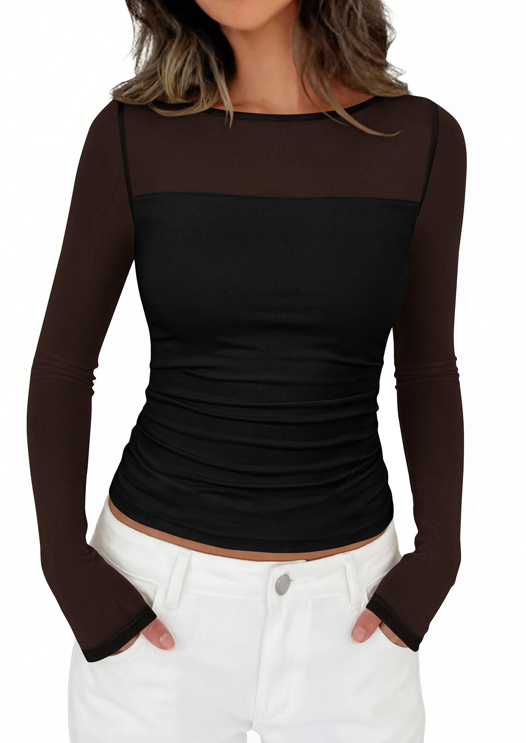Women's Sheer Mesh Long Sleeve Going Out Tops (Black,S)
