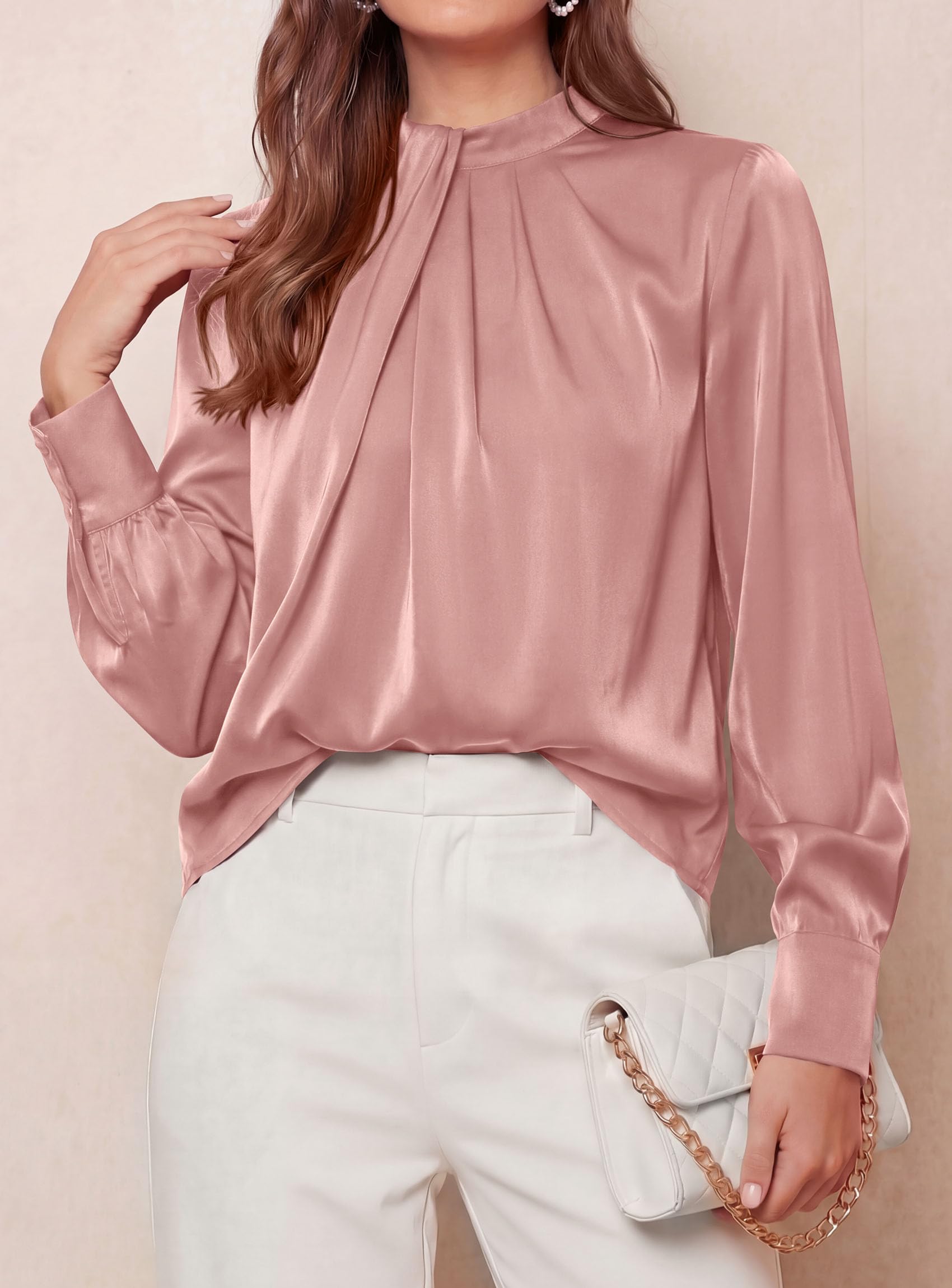 Satin Blouses for Women Dressy Casual Long Sleeve Shirts Pink