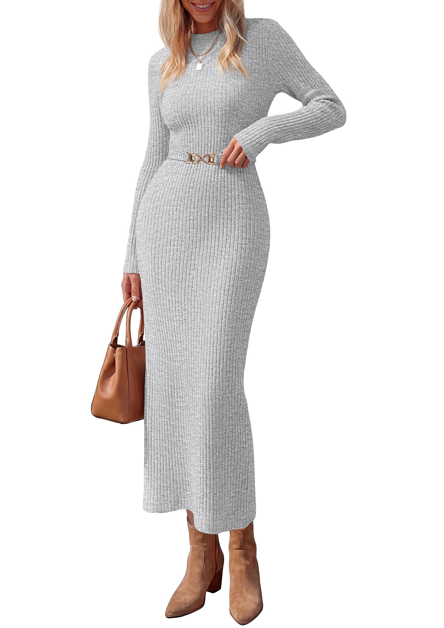 Women's Long Sleeve Bodycon Maxi Sweater Dress Grey White,XS
