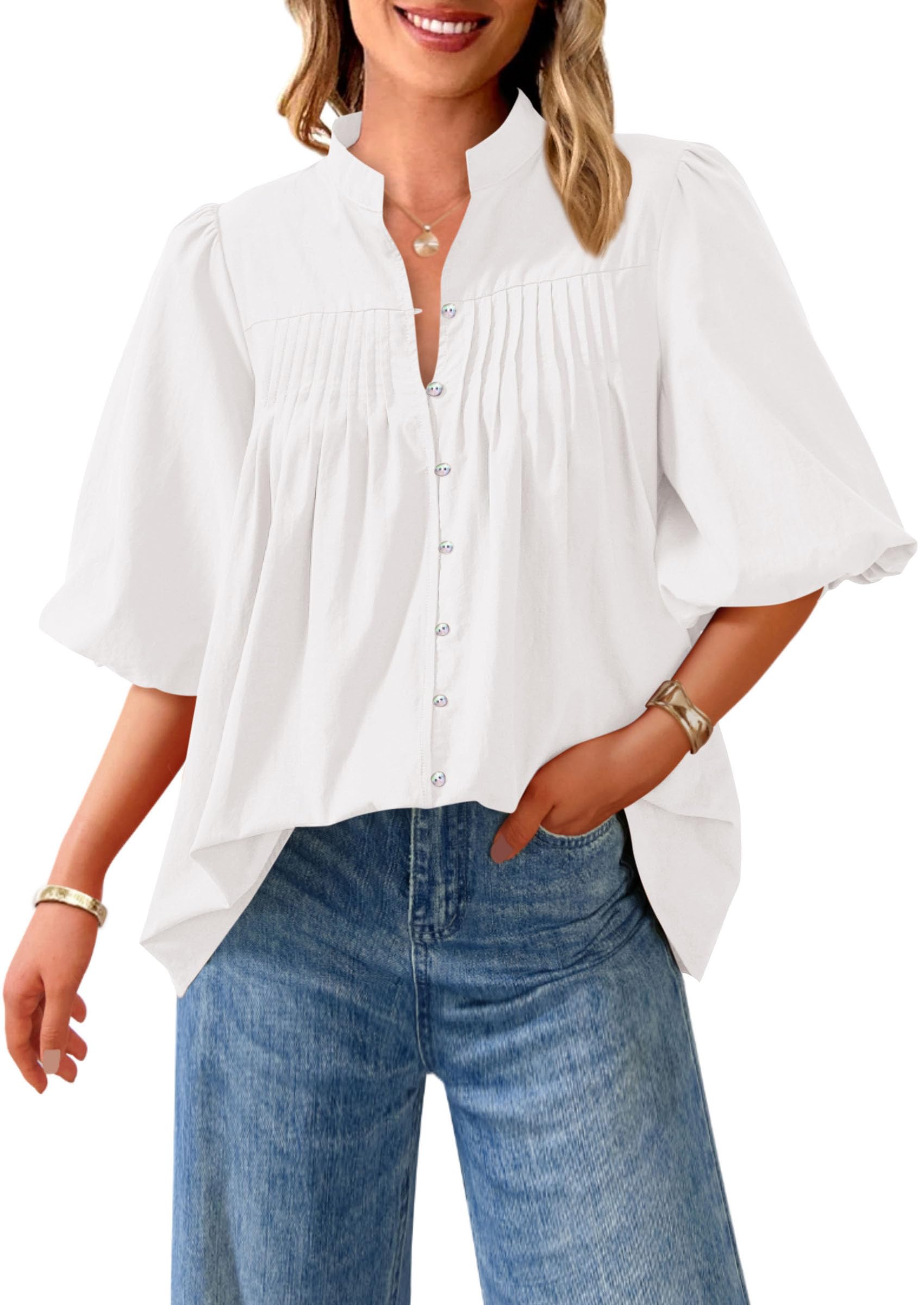 Short Sleeve Henley Shirts for Women,White,L