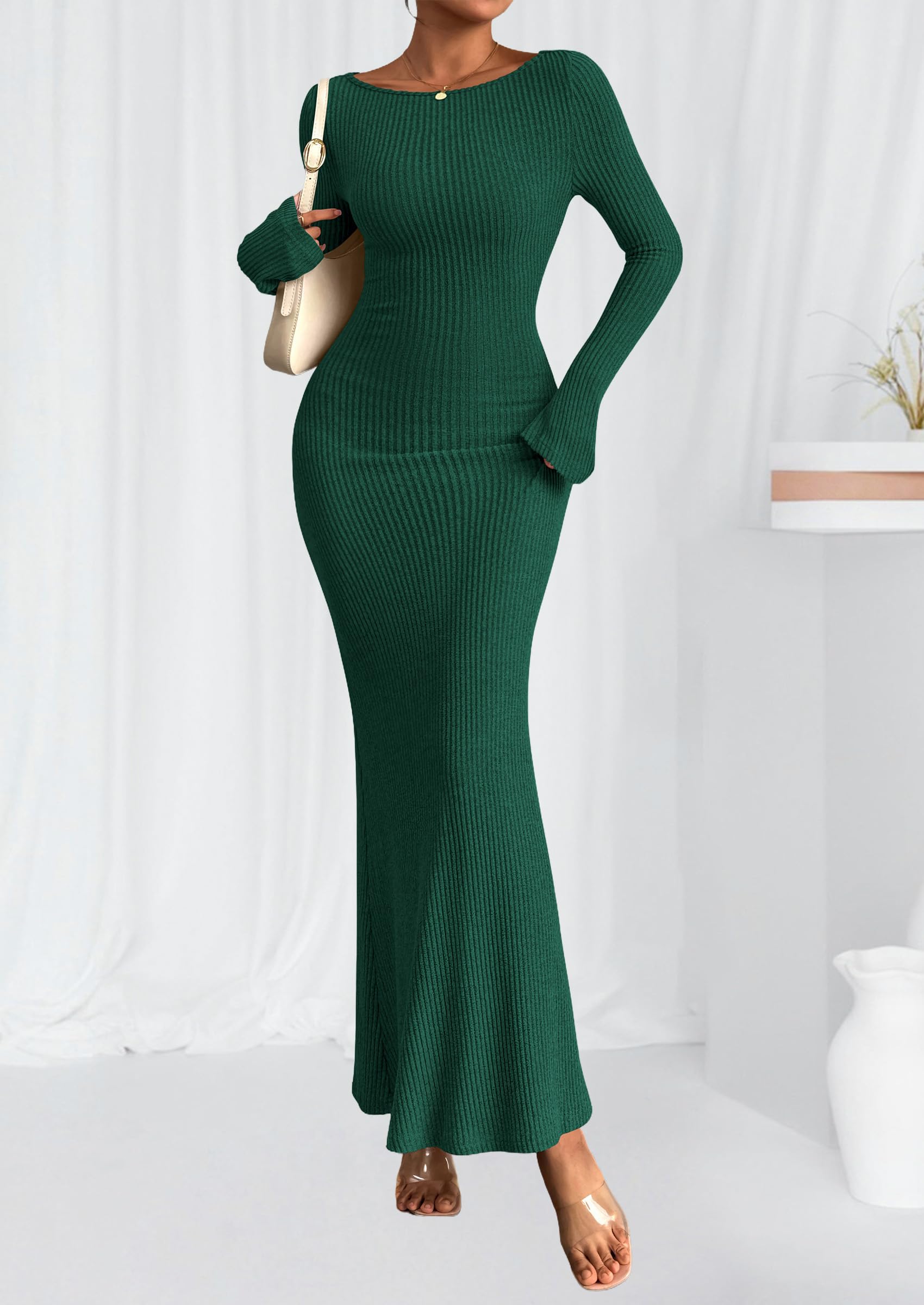 Women's Fall Long Sleeve Bodycon Maxi Dresses (Dark Green,XS)