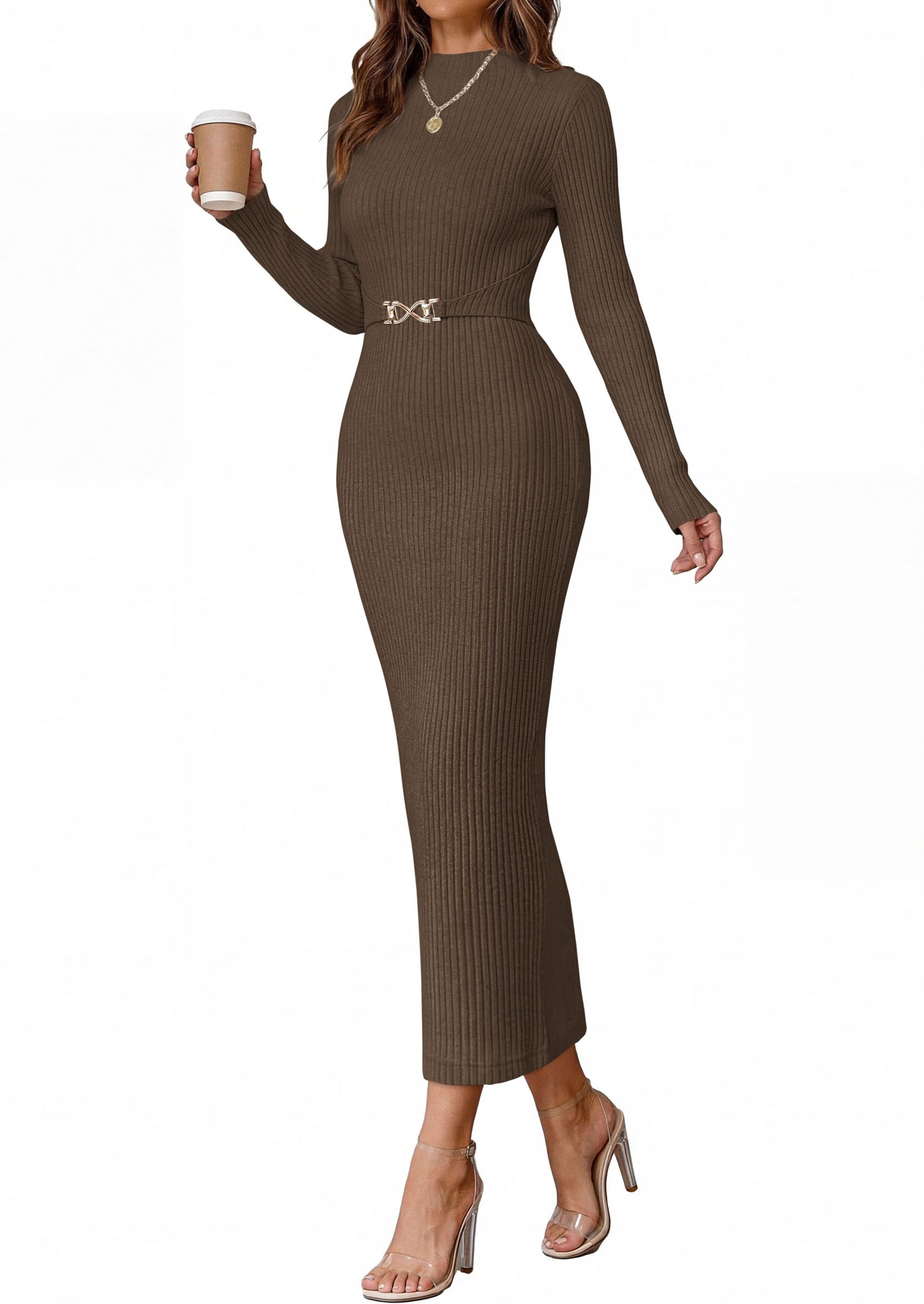 Women's Long Sleeve Bodycon Maxi Sweater Dress Brown,XS