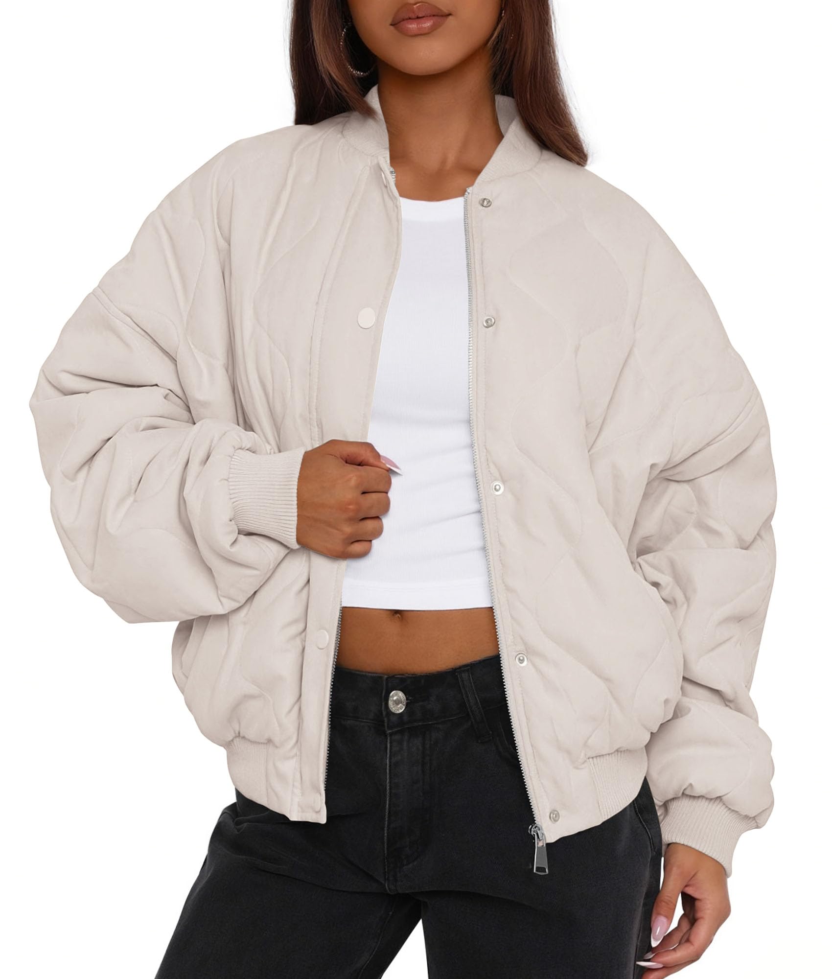 Women's Quilted Bomber Jacket Fall Fashion 2026 Lightweight Cropped Zip up Outerwear Winter Puffer Coats Pockets (Beige,Small)