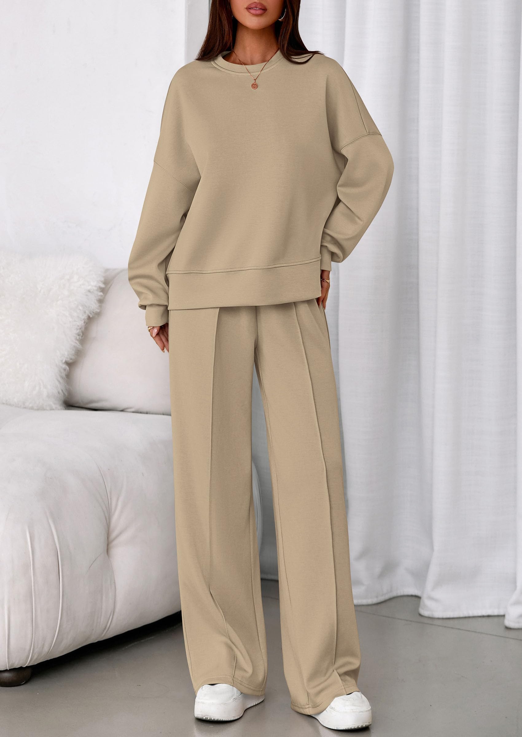 Womens Long Sleeve Sweatshirt 2 Piece Sets,Light Khaki,S