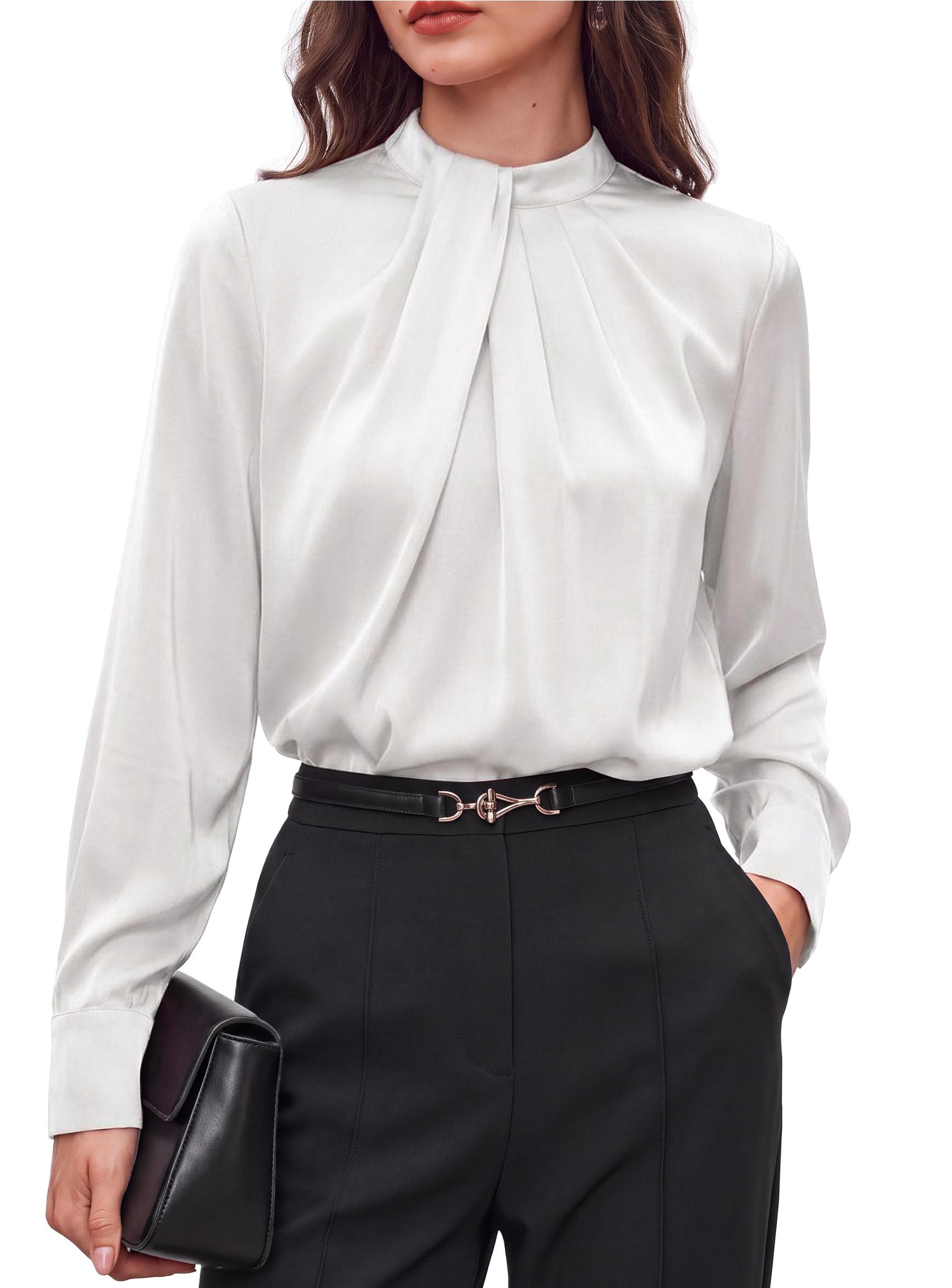 Satin Blouses for Women Dressy Casual Long Sleeve Shirts White